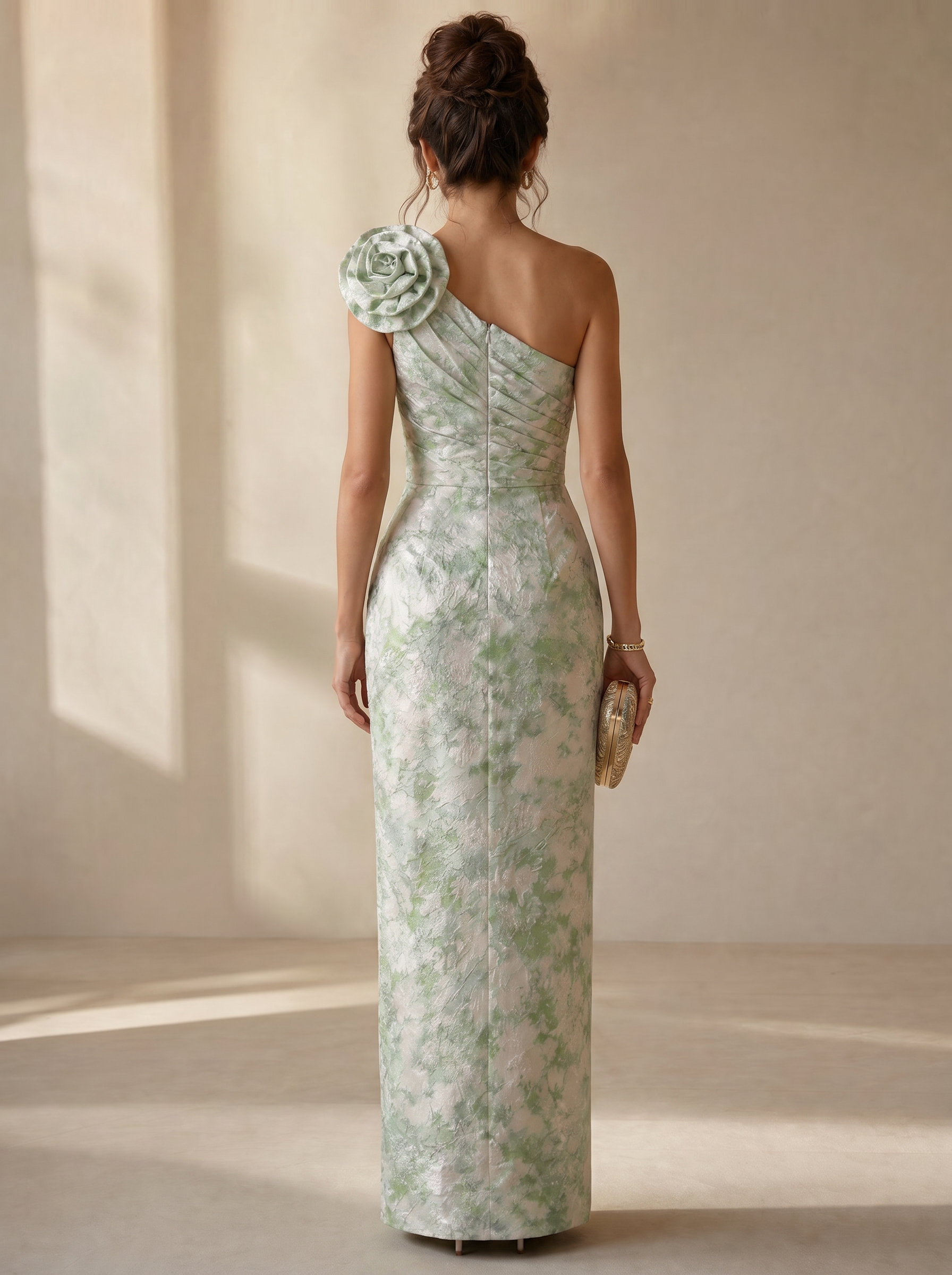 Sculptural Sage Blossom One-Shoulder Column Formal Evening Dress 