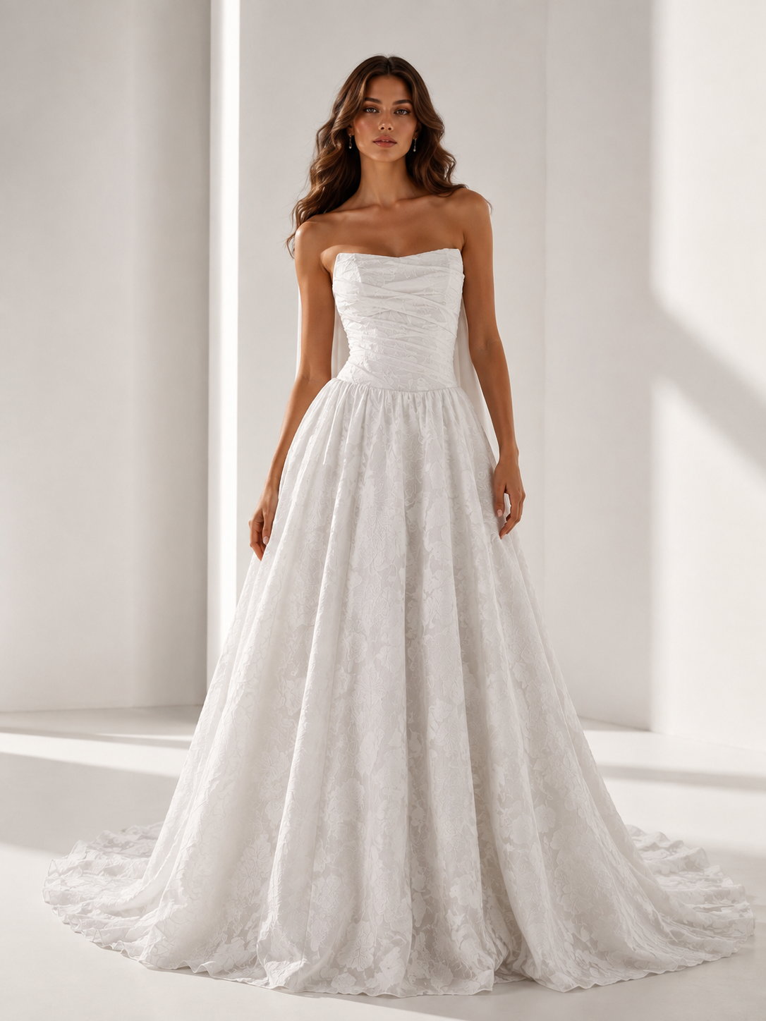 White A-Line Strapless Floral Burnout Maxi Wedding Dress