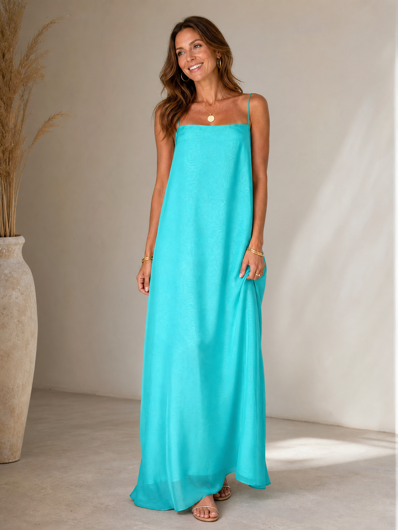 Vibrant Turquoise Effortless Maxi Slip Spaghetti Straps Formal Evening Dress