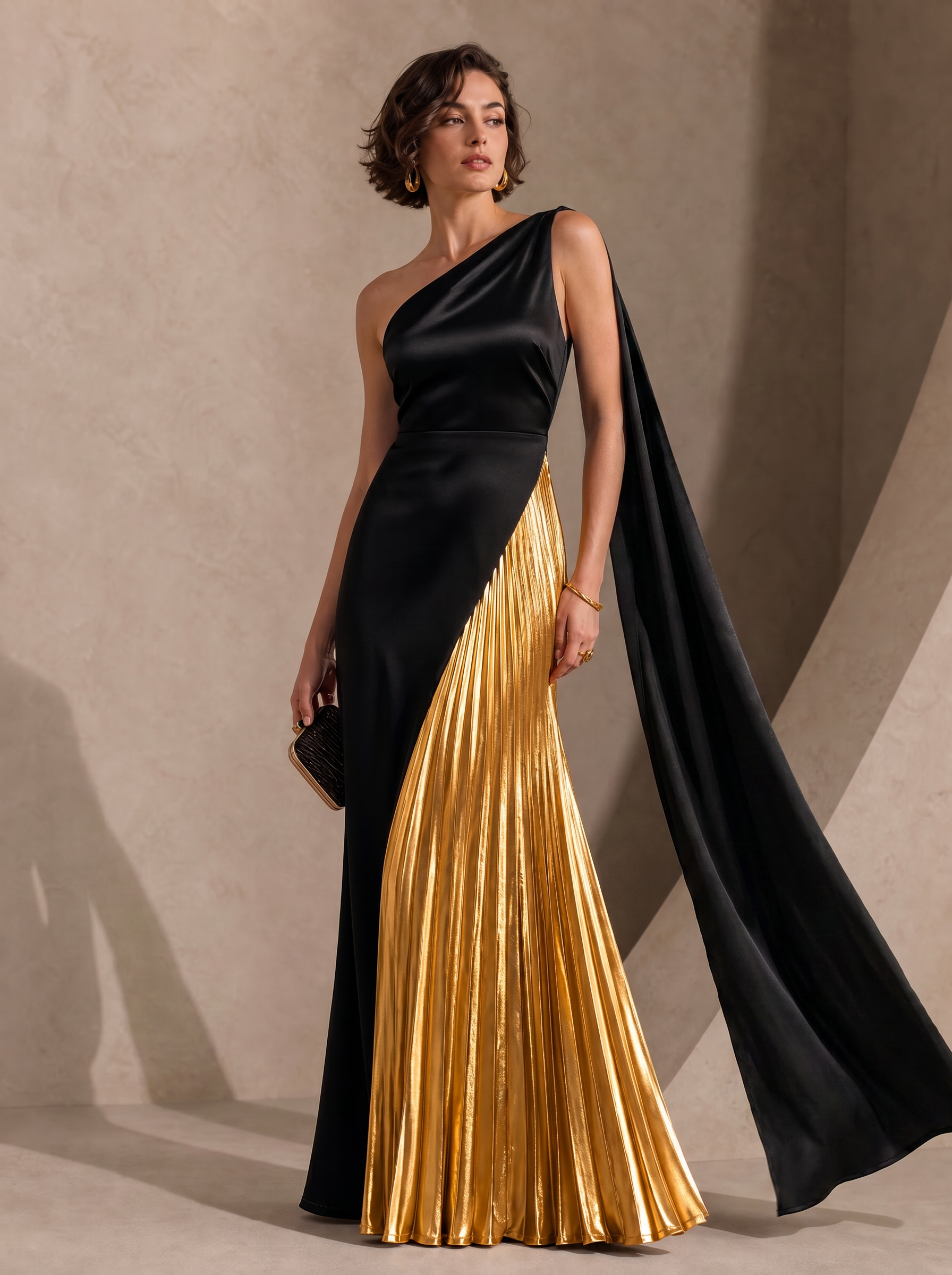 Midnight & Gold Metallic Pleated Column One-Shoulder Column Formal Evening Dress 