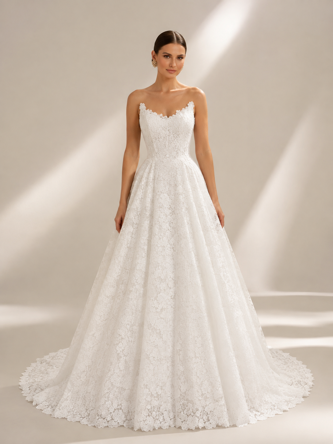 White Sweetheart Strapless Lace A-Line Wedding Dress 