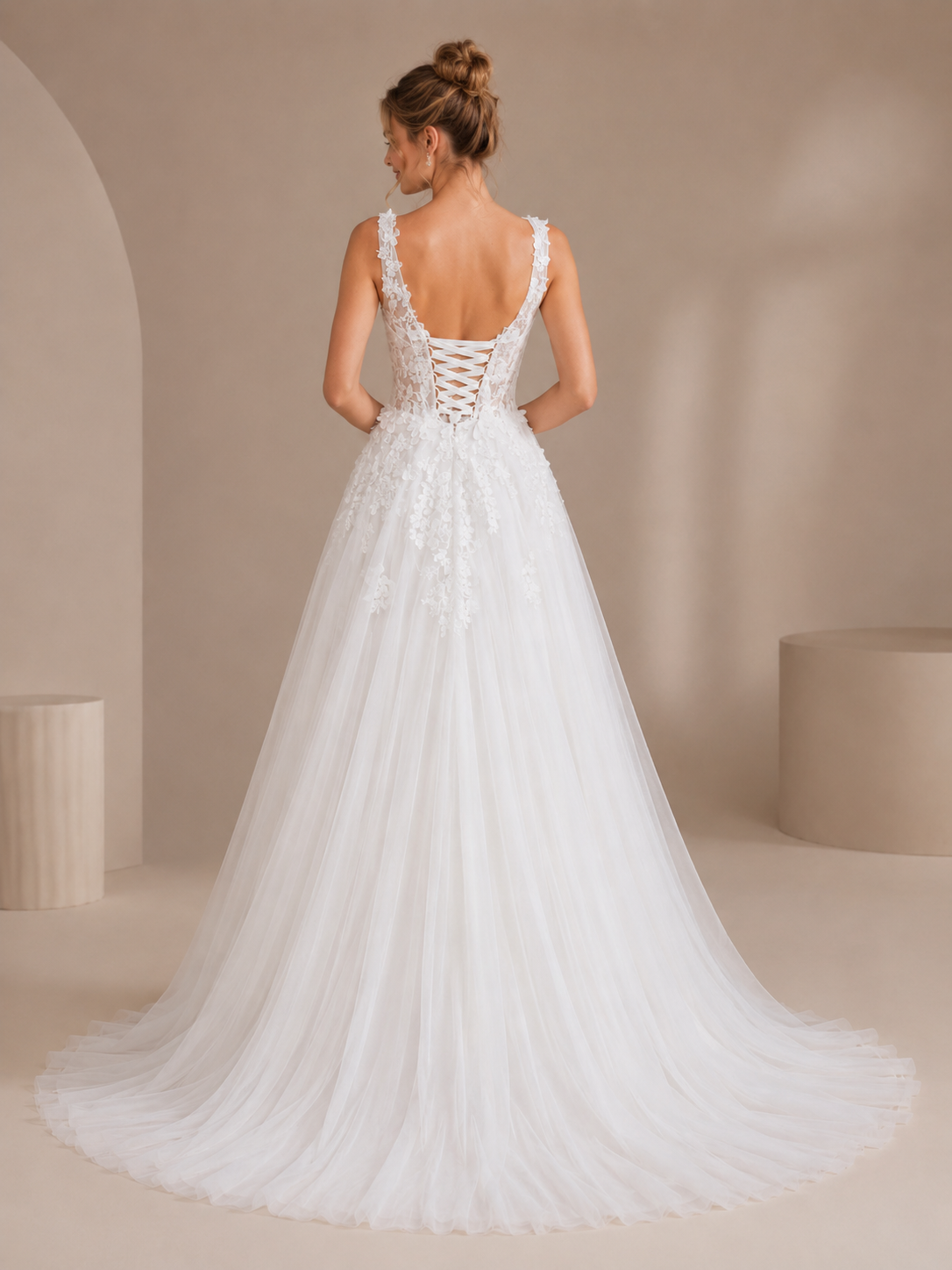 White Square-Neck Lace Applique A-Line Wedding Dress 