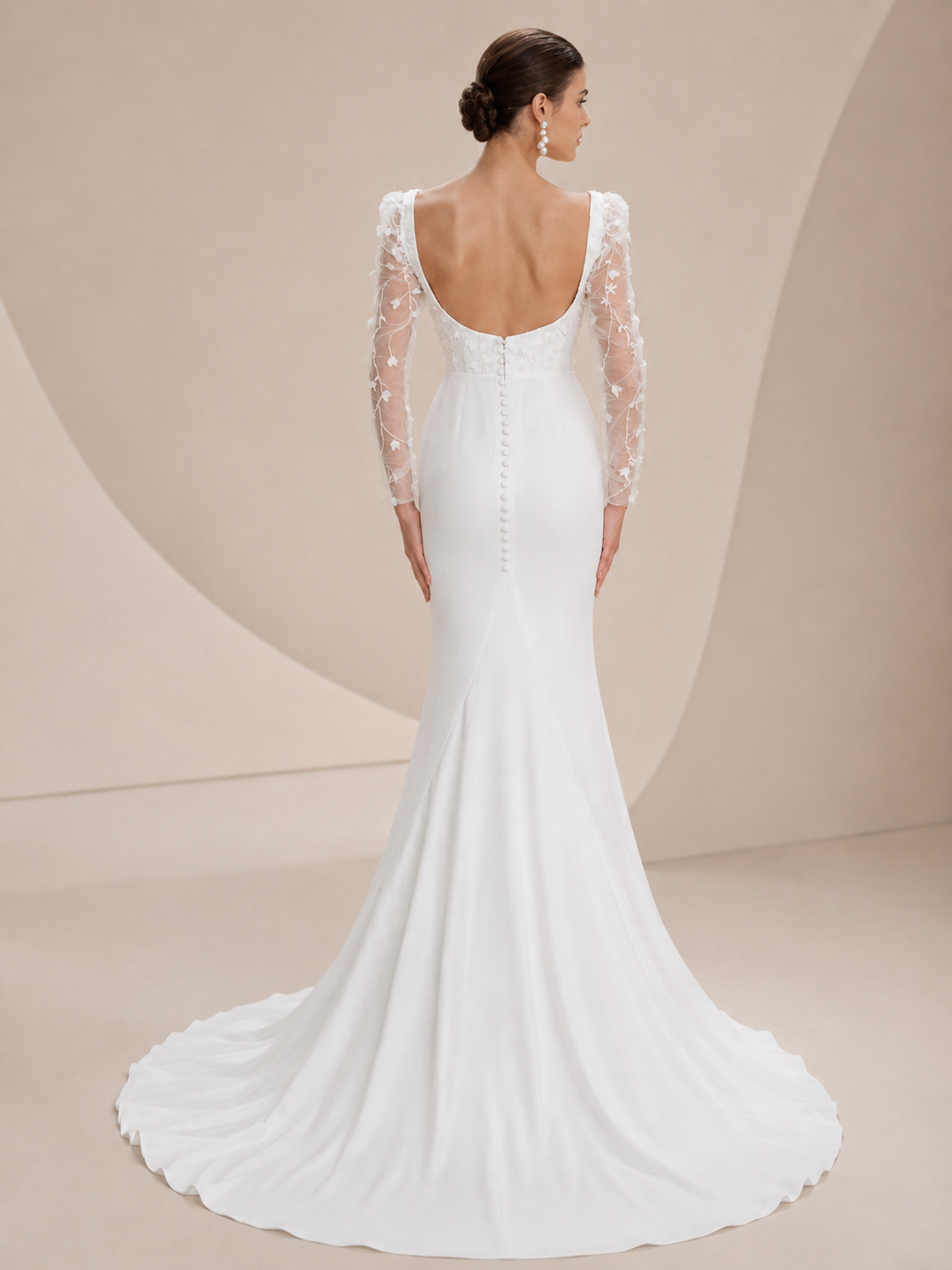 White Square-Neck Crepe Mermaid Wedding Dress with Sheer Floral Long Sleeves 