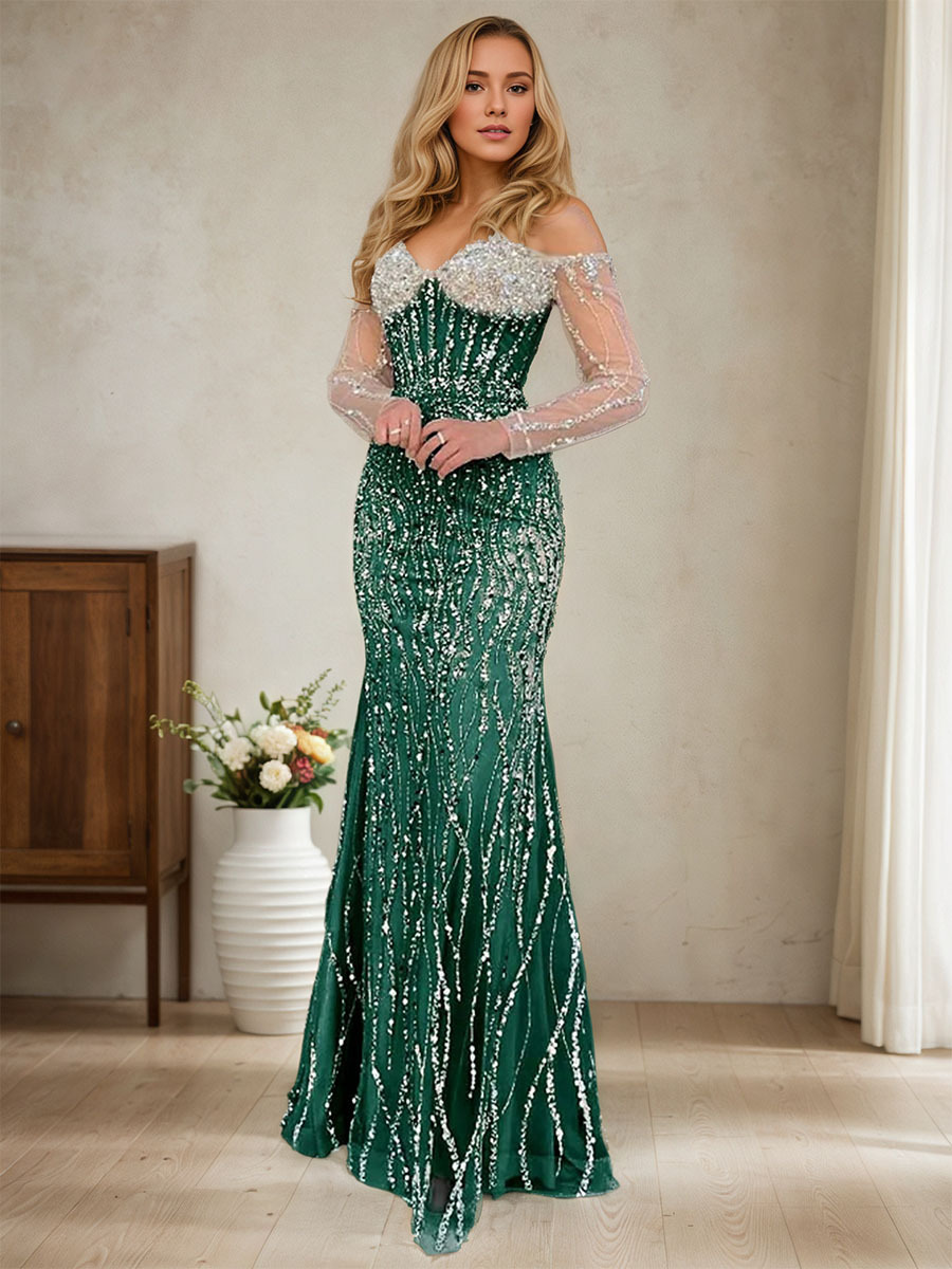 Champagne Crystal Embellished Off-the-Shoulder Mermaid Evening Gown