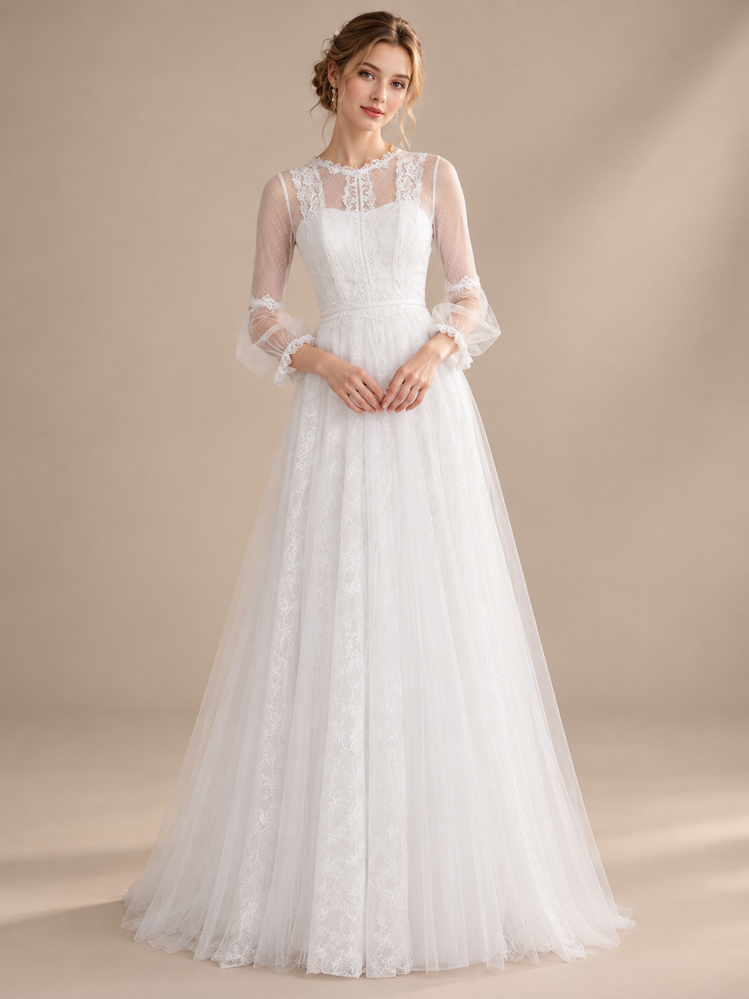 Ethereal White Lace Sheer Bishop-Sleeve A-Line Wedding Dress 