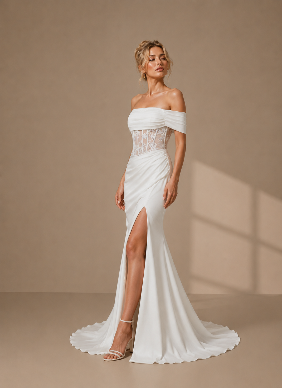 Ivory Couture-Inspired Lace Corset Slit Off-The-Shoulder Wedding Dress