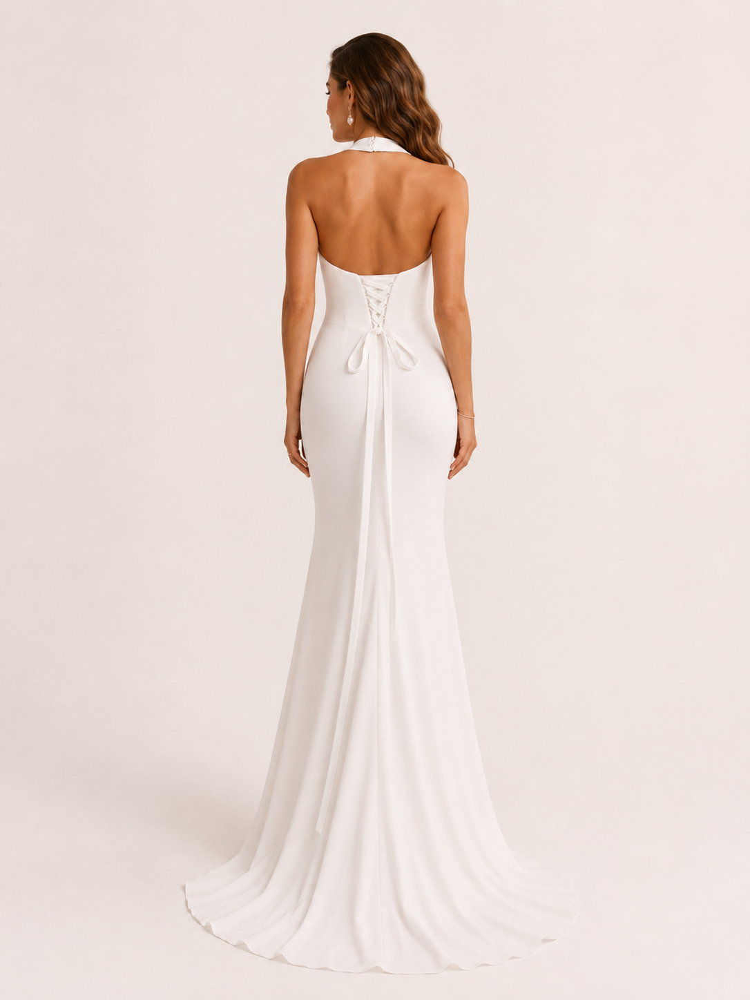 White Sheath Stretch Satin Halter Mermaid Maxi Wedding Dress