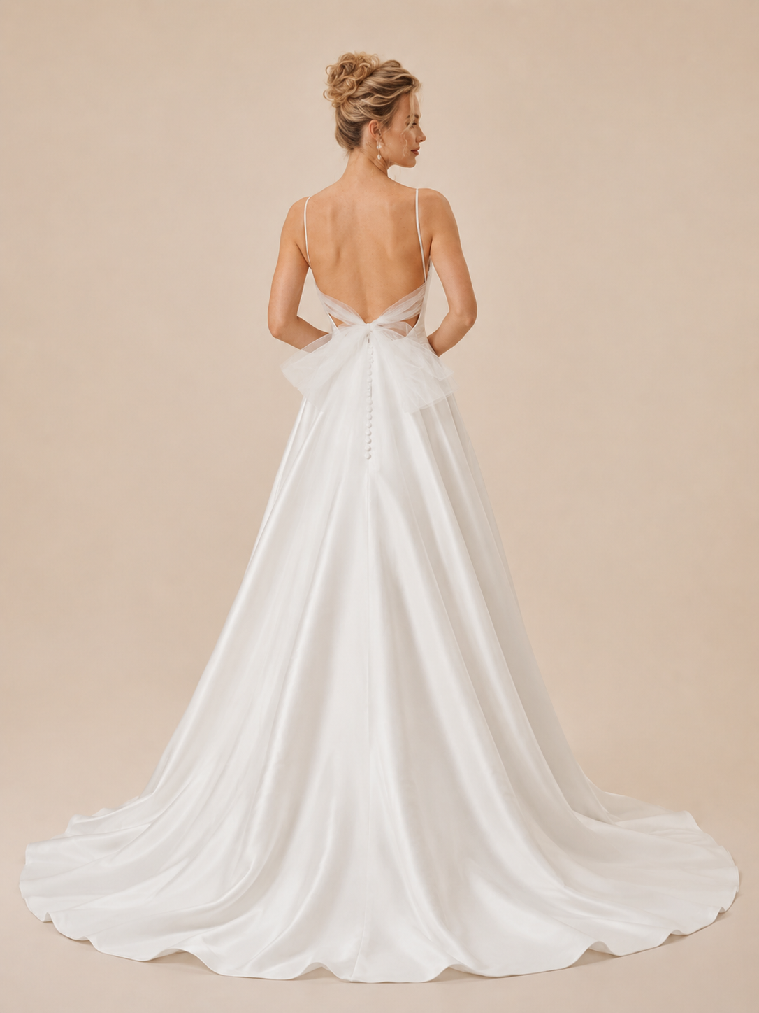 White V-Neck Spaghetti Straps Satin A-Line Wedding Dress with Tulle Bow Accent 