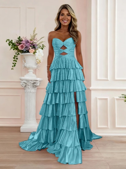 Sparkly Royal Blue Sweetheart A-Line Long Prom Dress with Keyhole