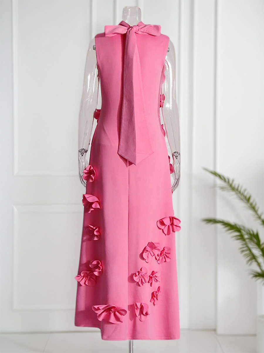 A Line High Neck Sleeveless Floor Length Stretch Crepe Dress With 3D Flowers