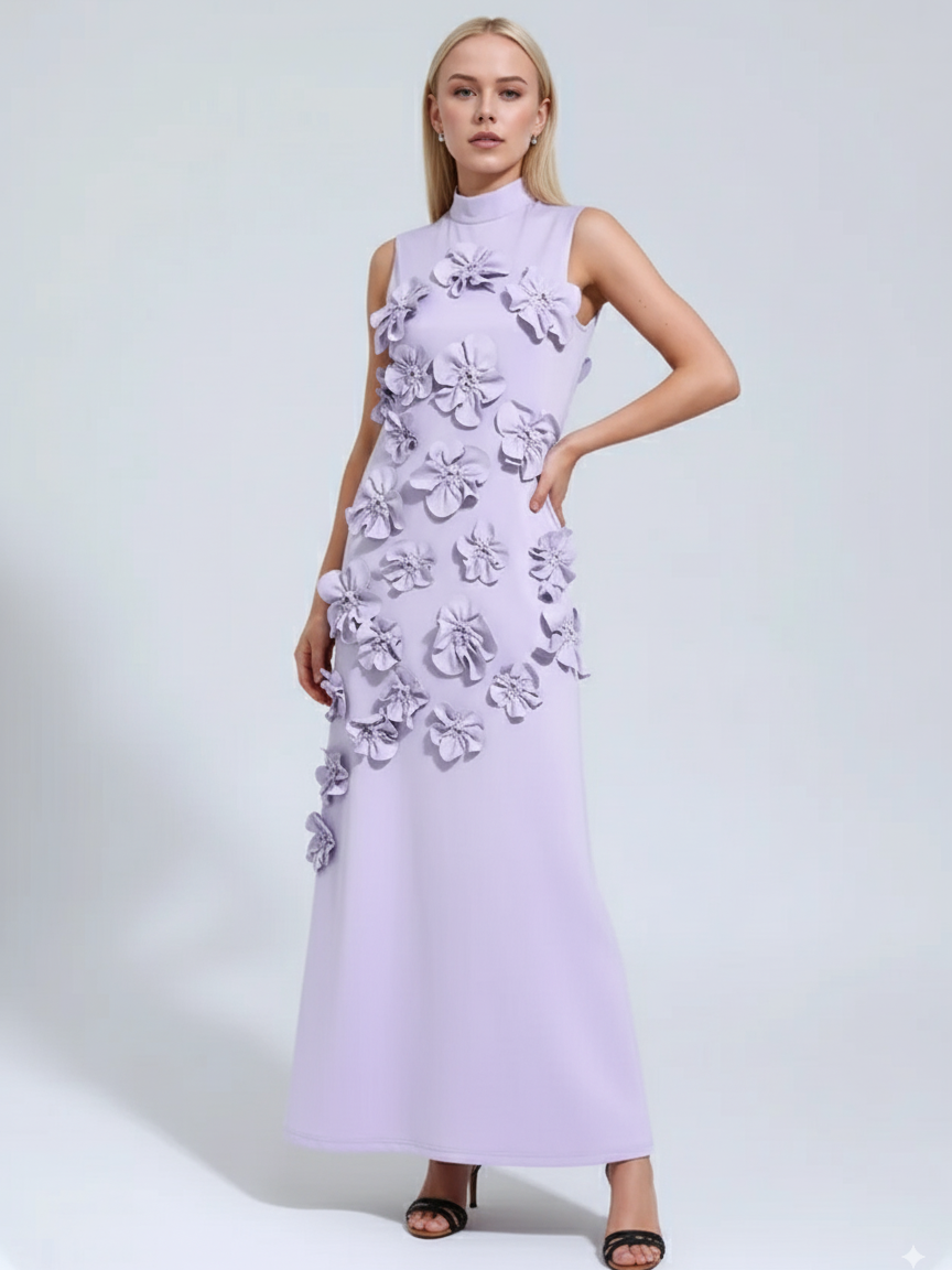 A Line High Neck Sleeveless Floor Length Stretch Crepe Dress With 3D Flowers
