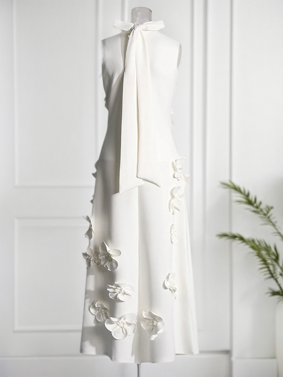 A Line High Neck Sleeveless Floor Length Stretch Crepe Dress With 3D Flowers