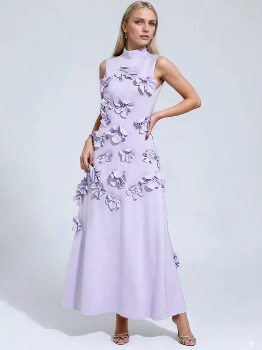 A Line High Neck Sleeveless Floor Length Stretch Crepe Dress With 3D Flowers