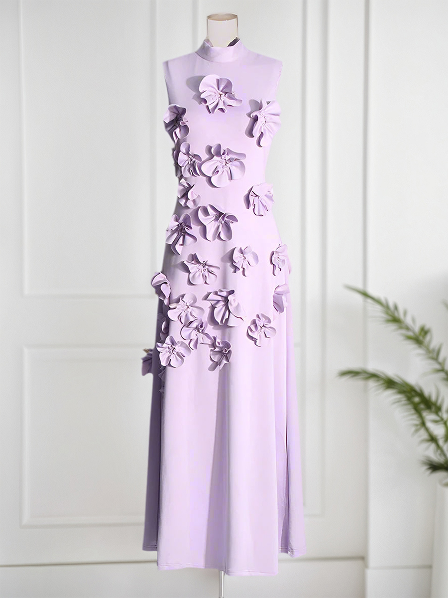 A Line High Neck Sleeveless Floor Length Stretch Crepe Dress With 3D Flowers