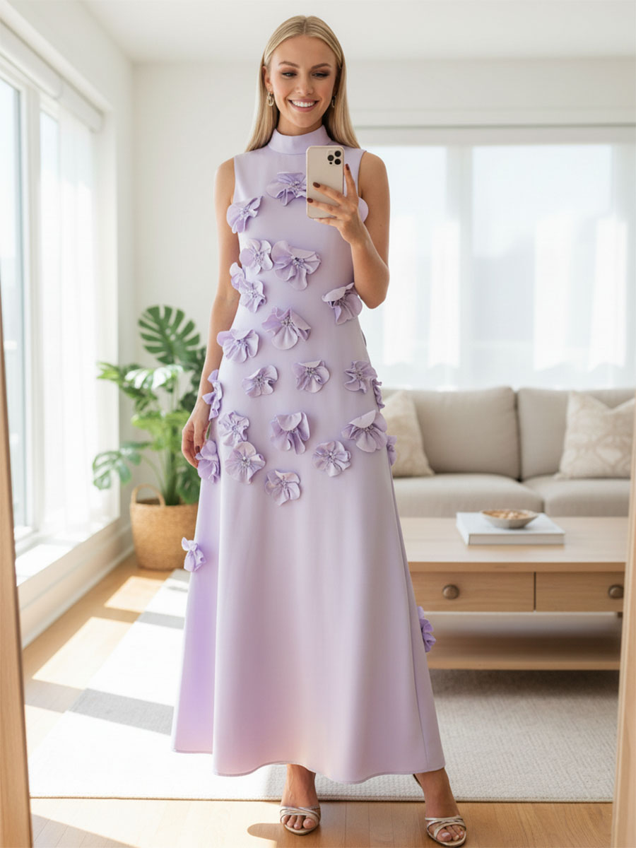 A Line High Neck Sleeveless Floor Length Stretch Crepe Dress With 3D Flowers