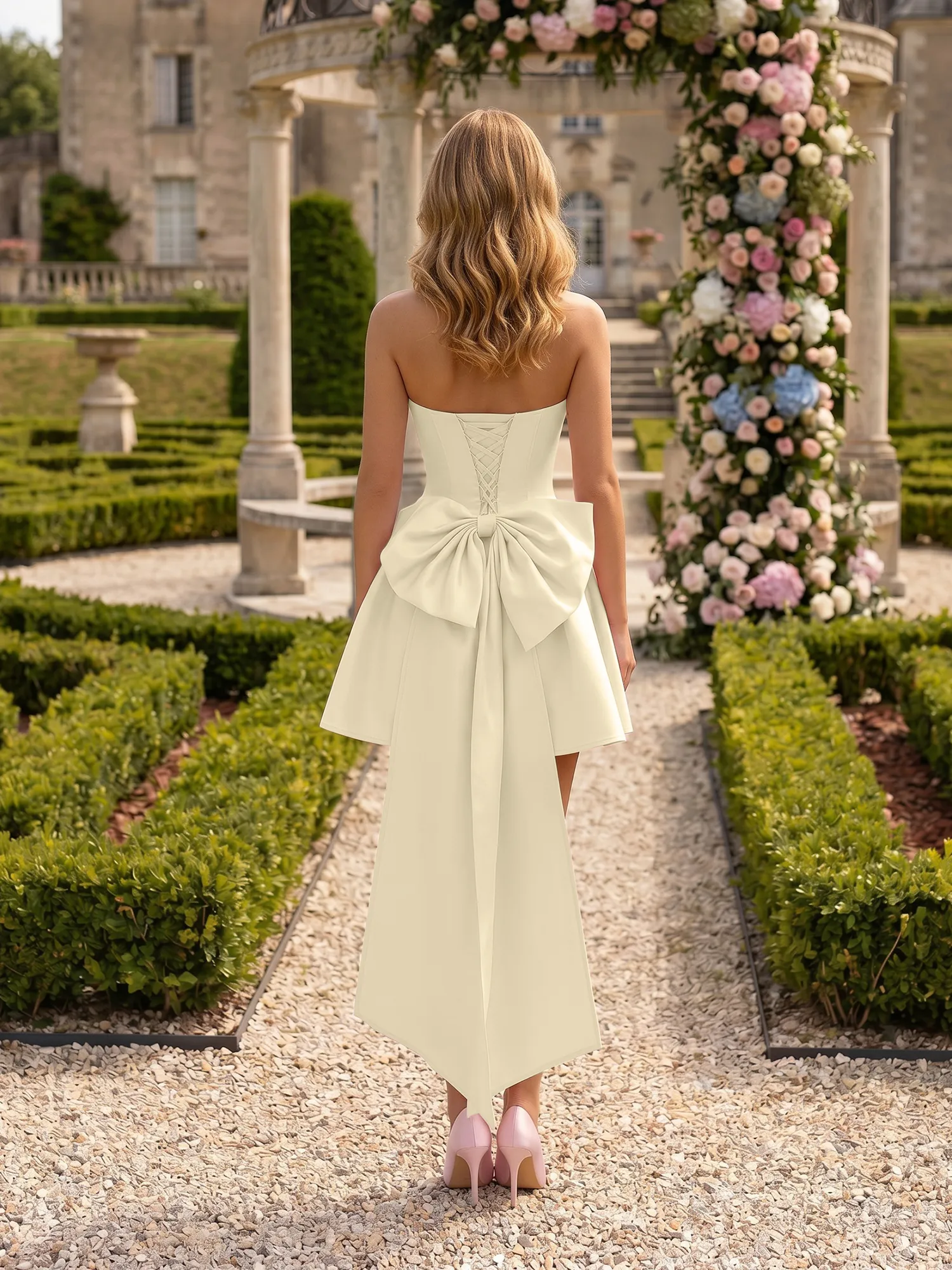 Strapless Draped Satin High-Low Homecoming Dress with Oversized Bow Back