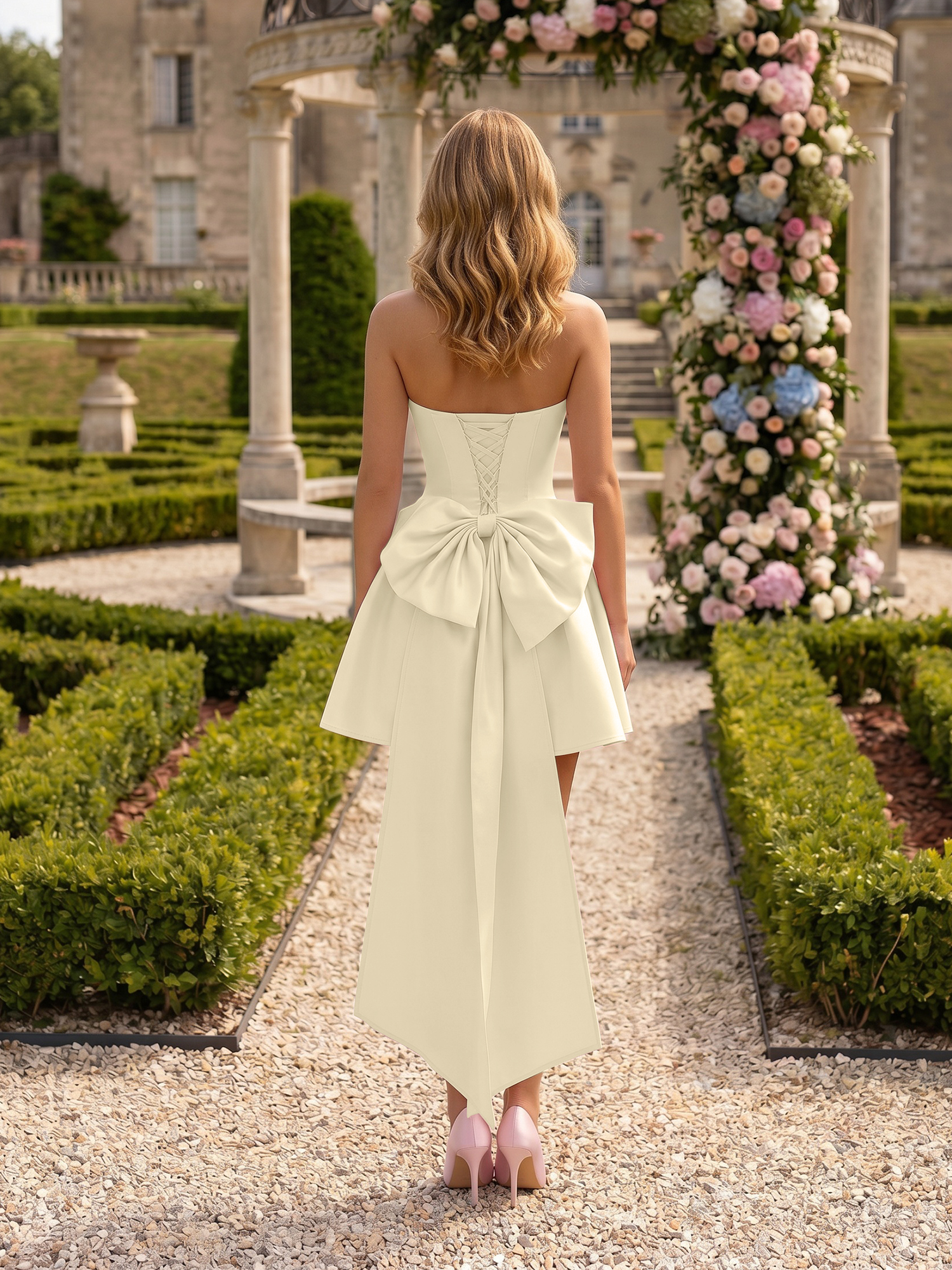 Blush Pink Strapless High-Low Satin Homecoming Mini Dress