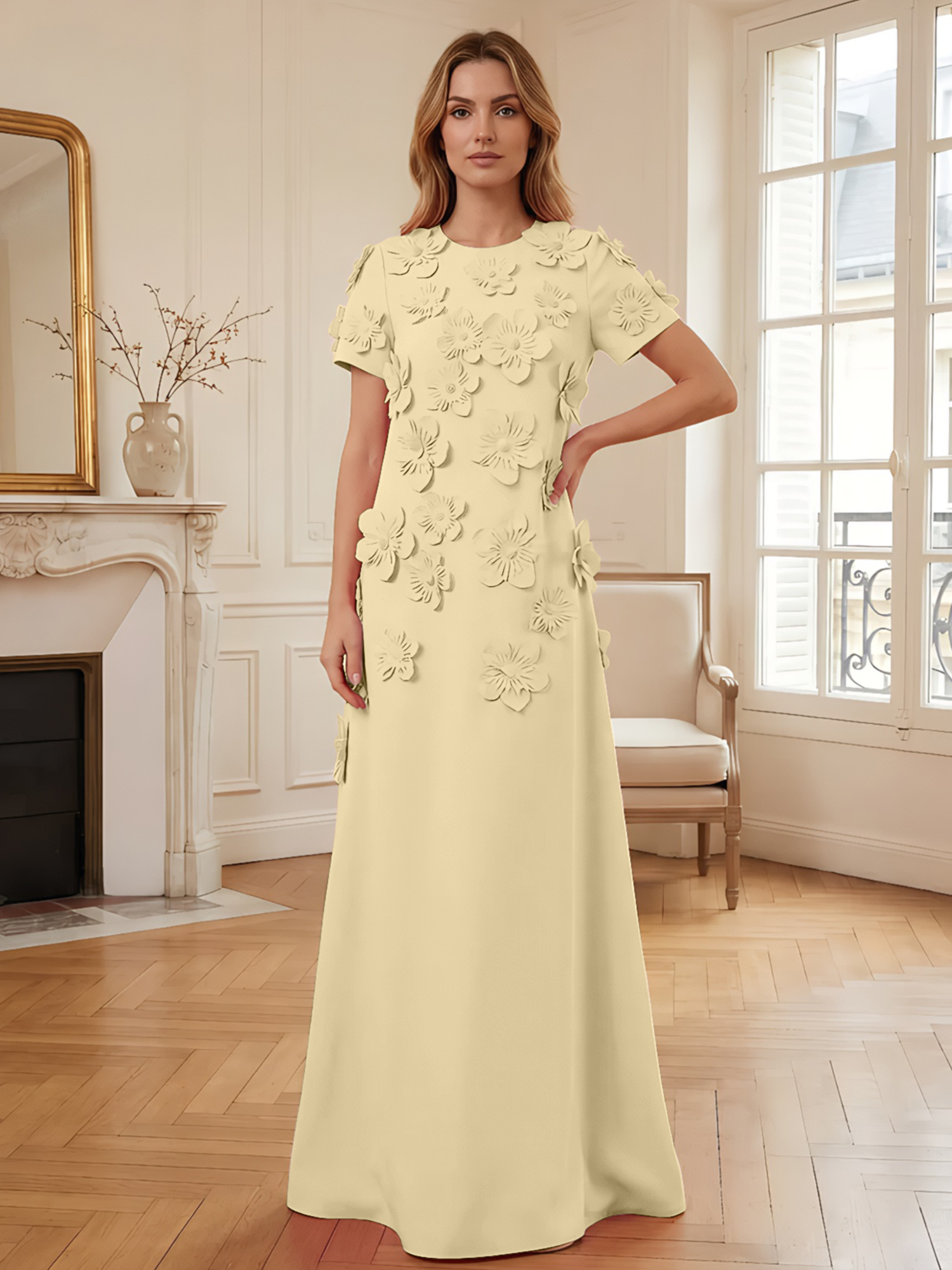 3D Floral Applique Short-Sleeve Column Evening Gown