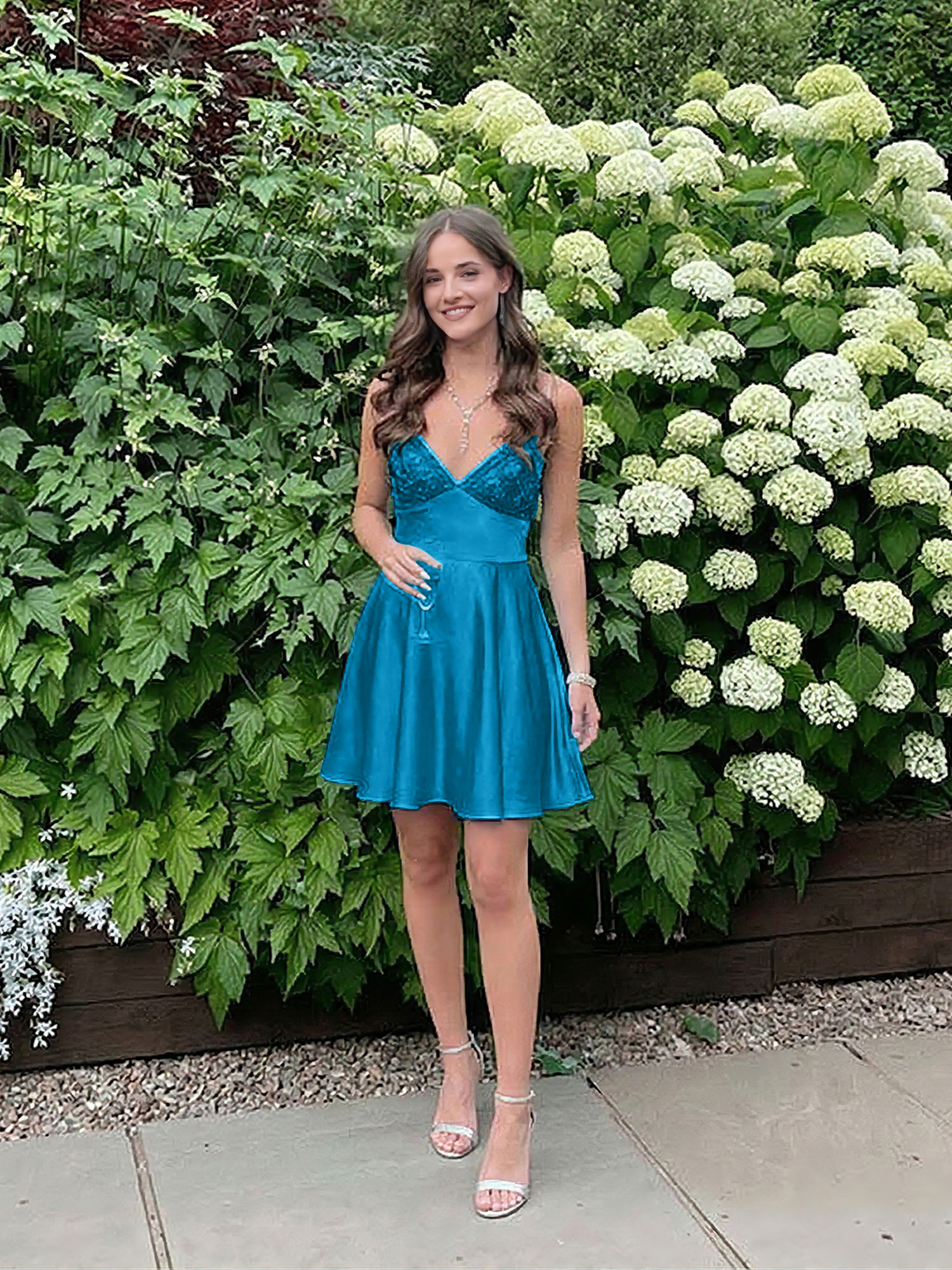 Blue A Line V-neck Beaded Back Tie Short Homecoming Mini Dress