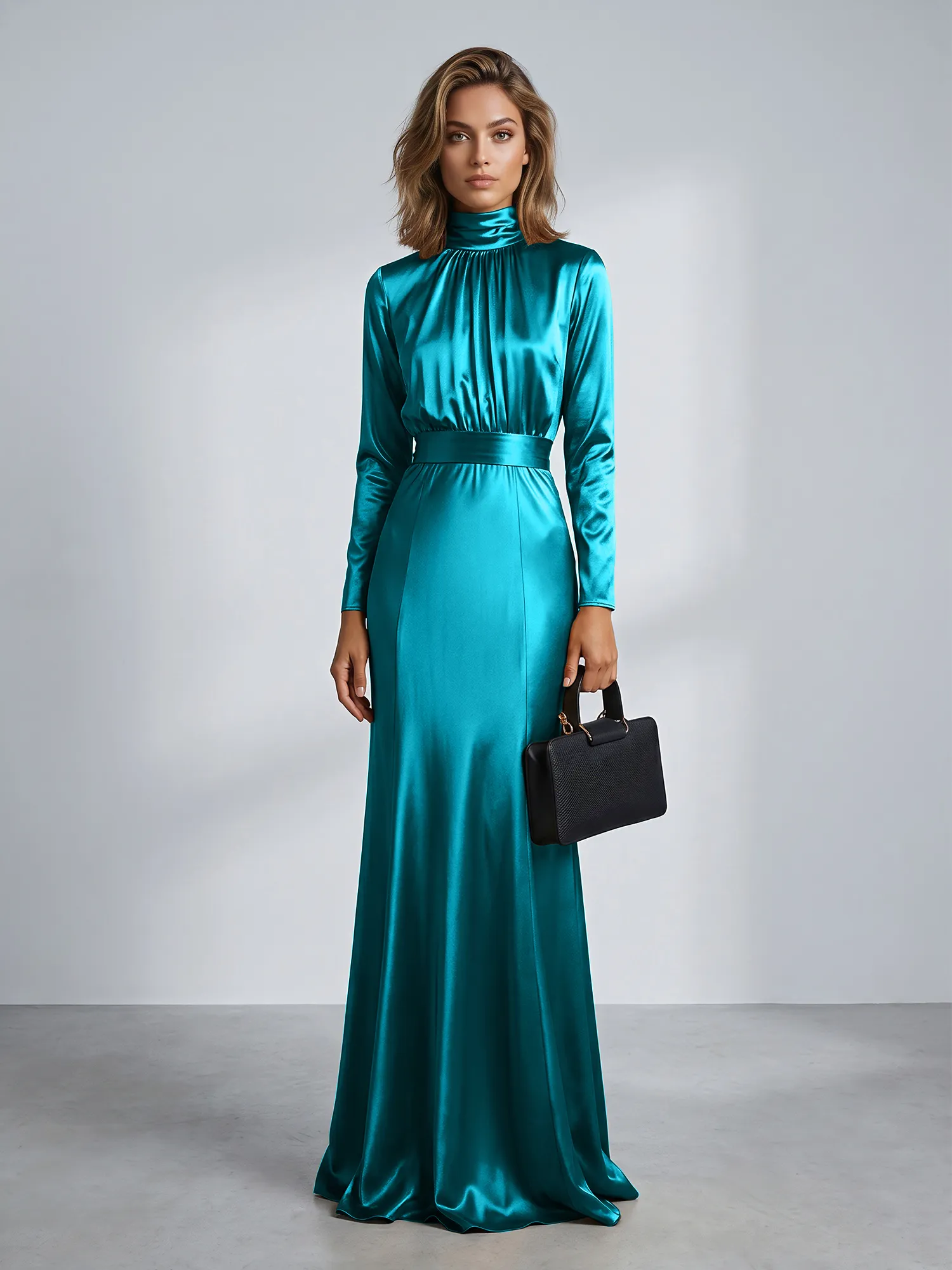High Neck Long Sleeve Satin Mermaid Evening Gown with Waist Sash