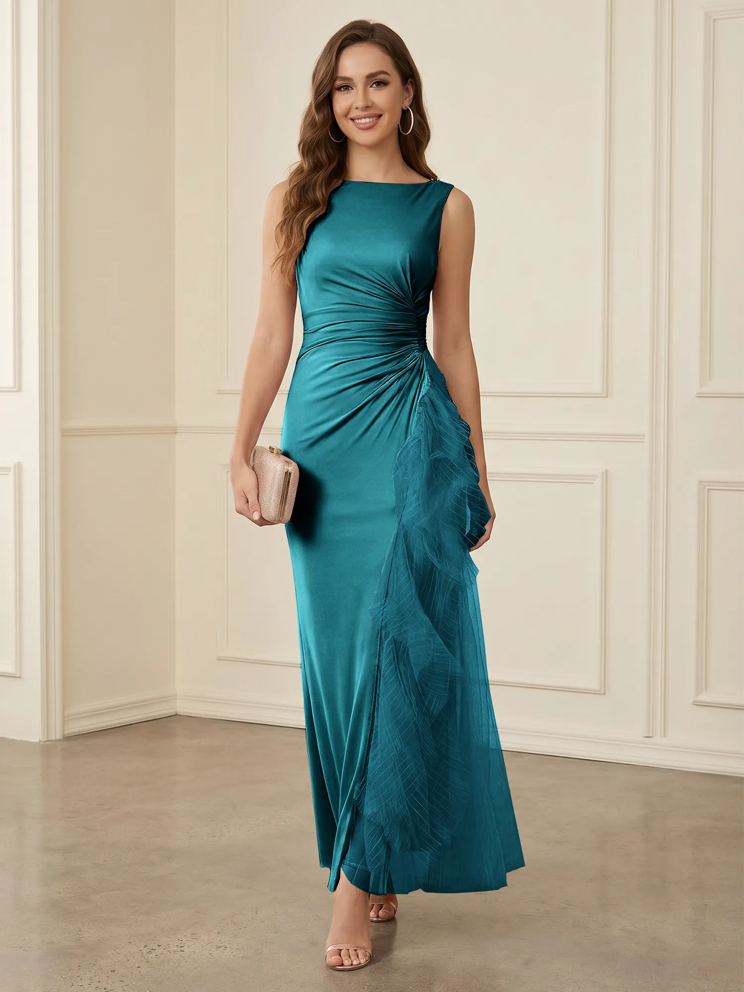 Sleeveless Ruched Sheath Evening Gown with Tulle Ruffle Detail