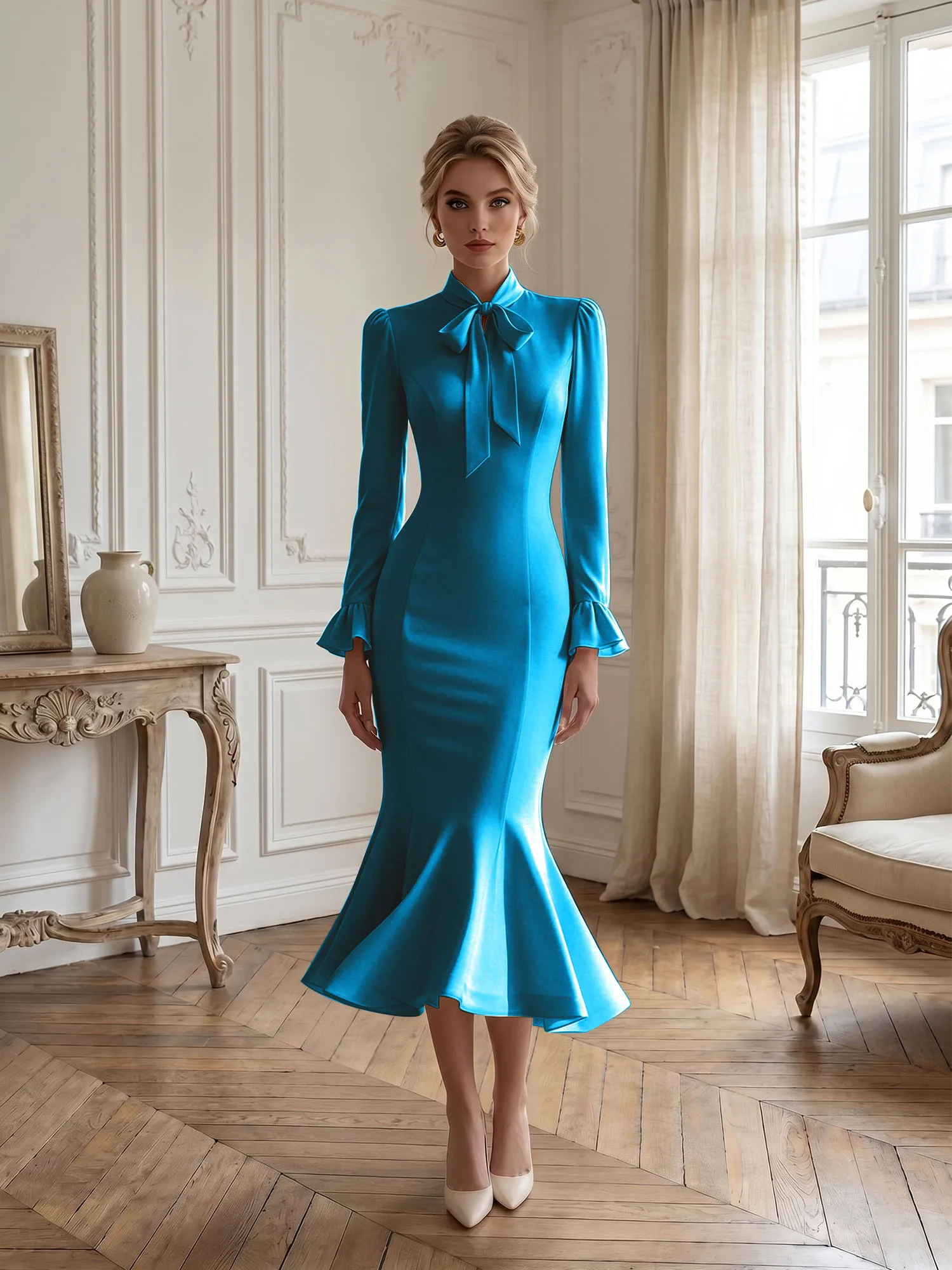 High Neck Bow Tie Long Sleeve Midi Mermaid Evening Dress