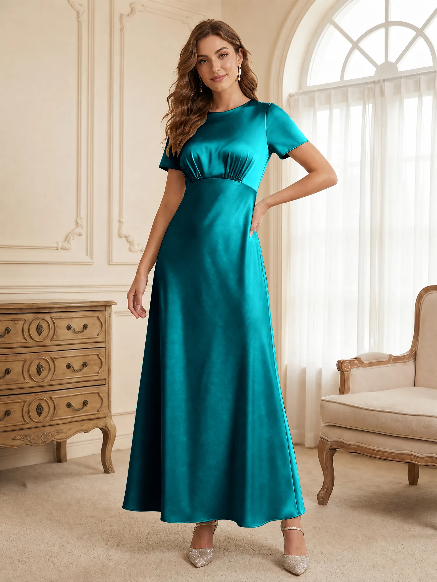 Round Neck Short Sleeve Satin Bridesmaid Dress
