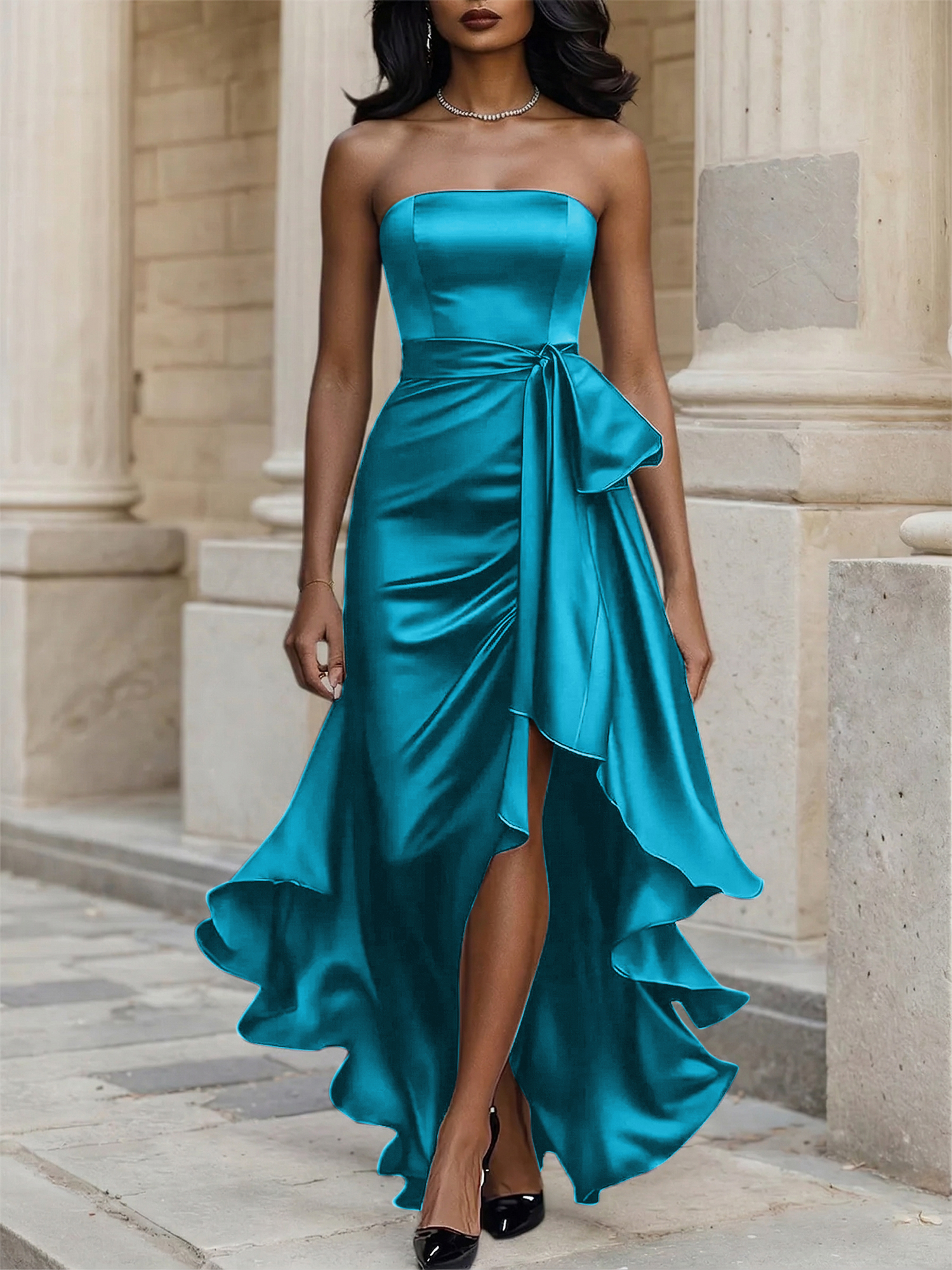 Glamorous Formal Dress Midnight Navy Strapless High-Low Satin Gown Midi Dress