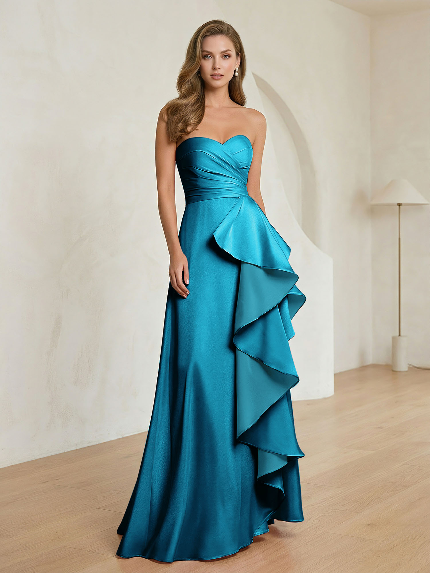 Formal Evening Dress Blush Strapless Ruffle Maxi Dress Gown