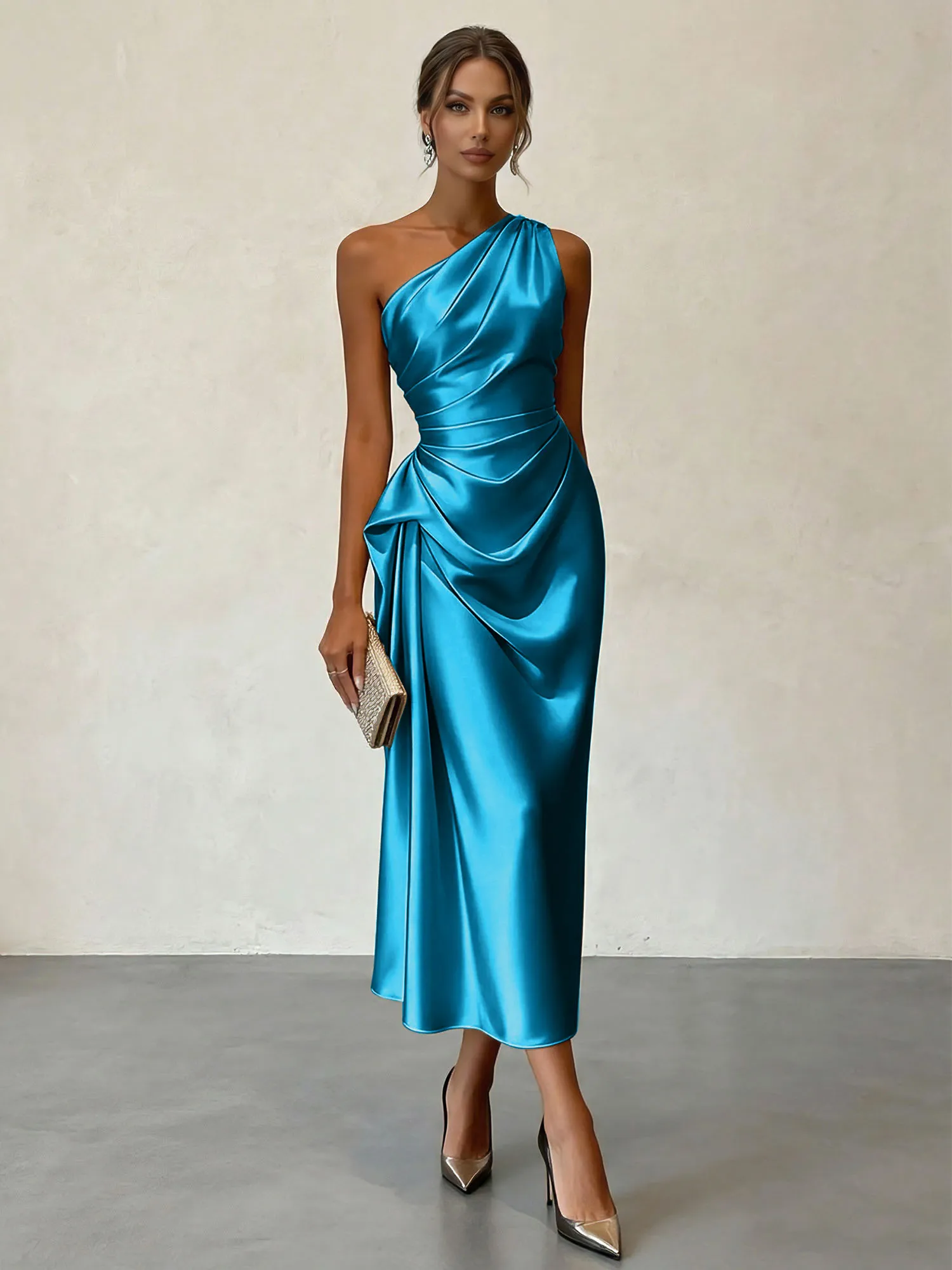 One-Shoulder Ruched Satin Midi Evening Dress with Draped Detail