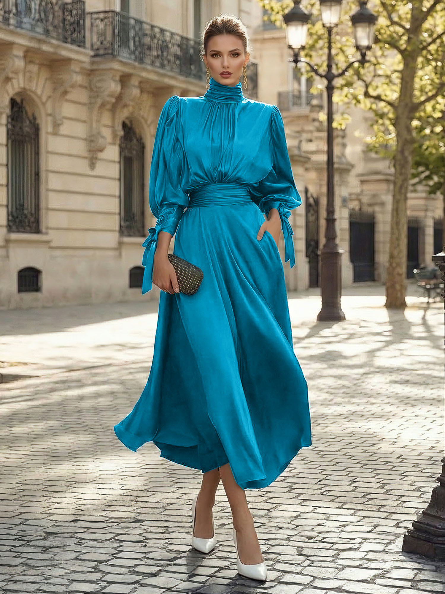 Sophisticated Camel V-Neck Balloon Sleeve Midi Dress Evening Gown