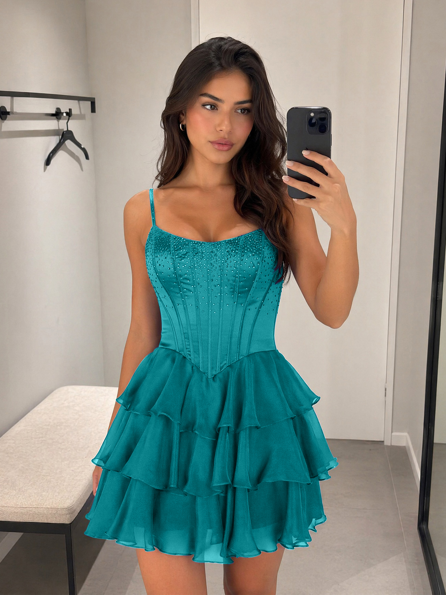 Royal Blue Rhinestone Corset Tiered Ruffle Homecoming Dress