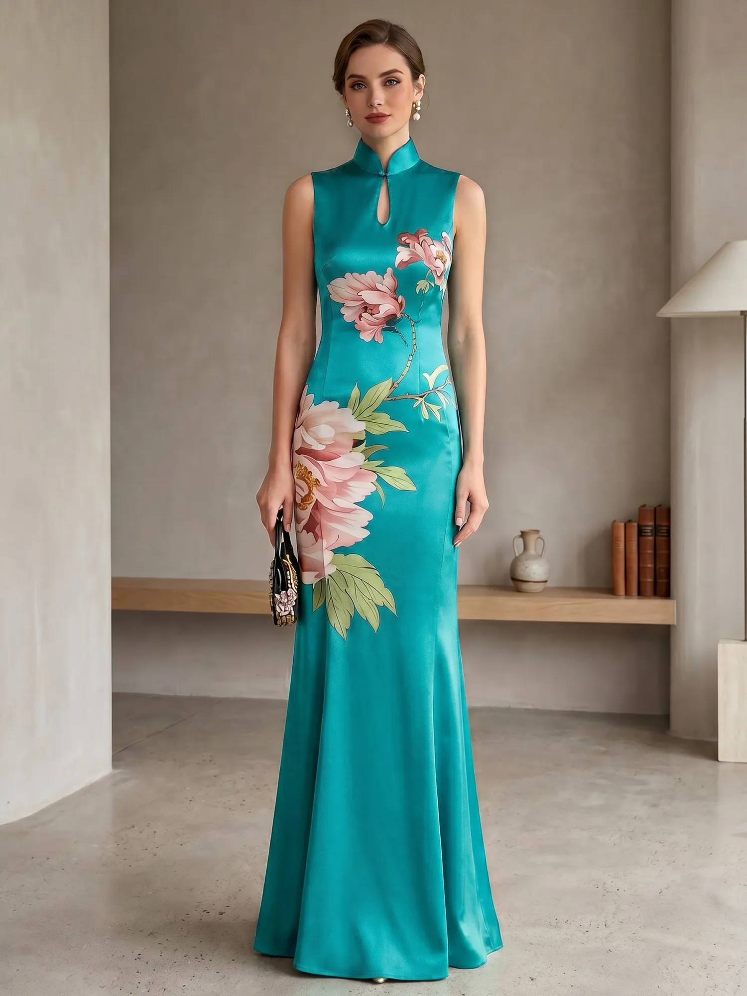 Satin Qipao-Inspired Floral Mermaid Evening Gown