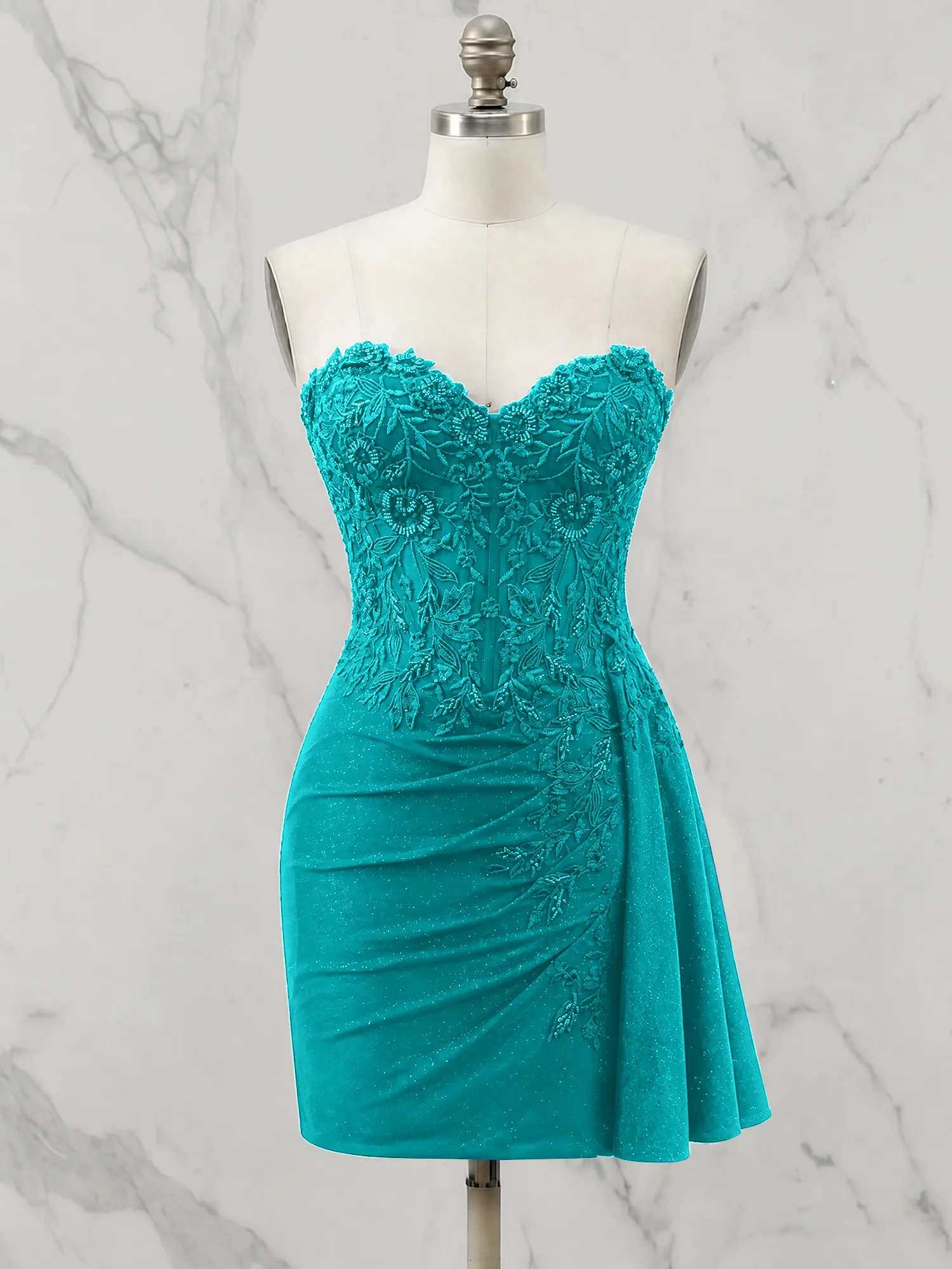 Strapless Lace Appliqué Glitter Homecoming Dress with Side Drape
