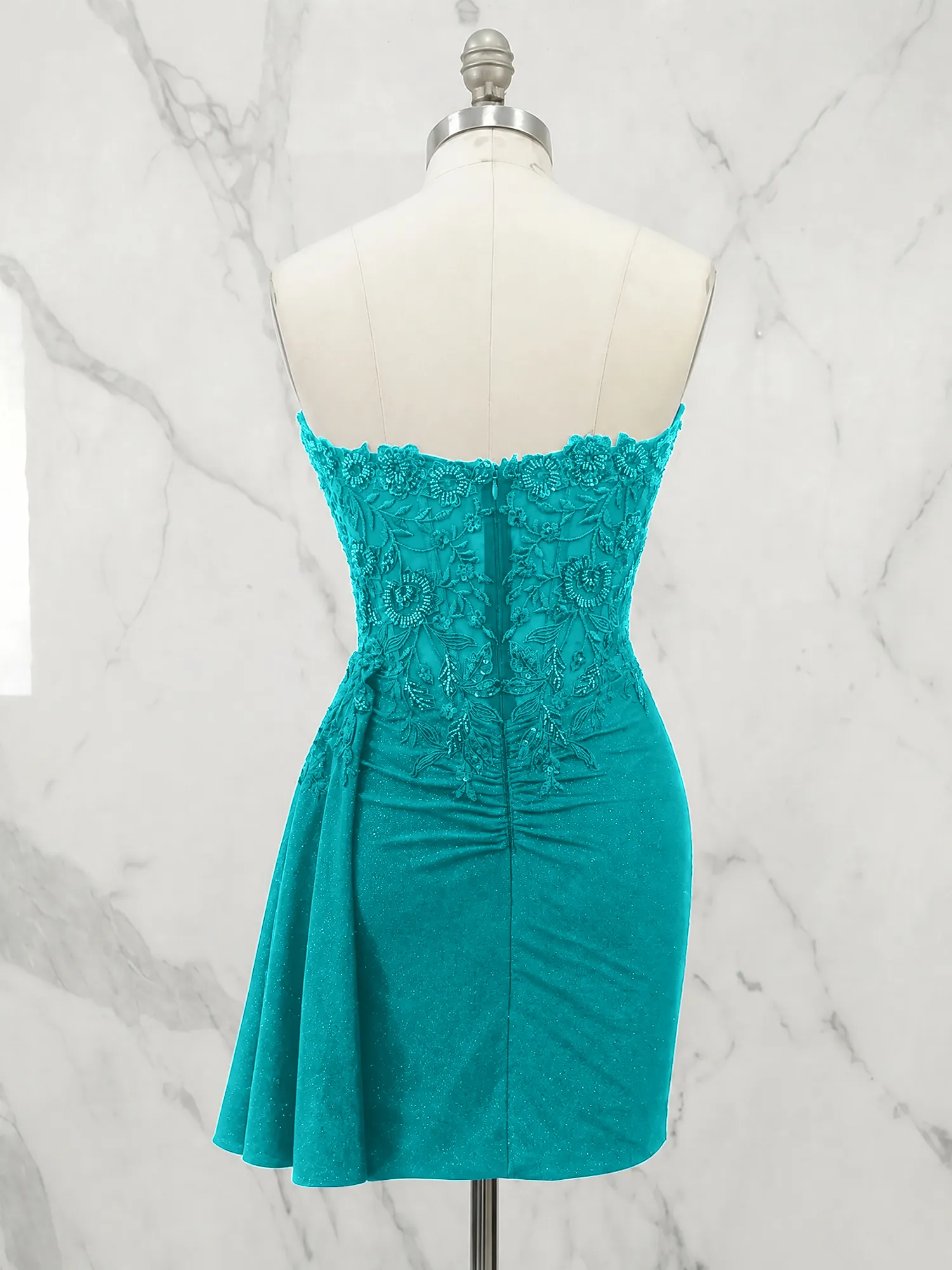 Strapless Lace Appliqué Glitter Homecoming Dress with Side Drape