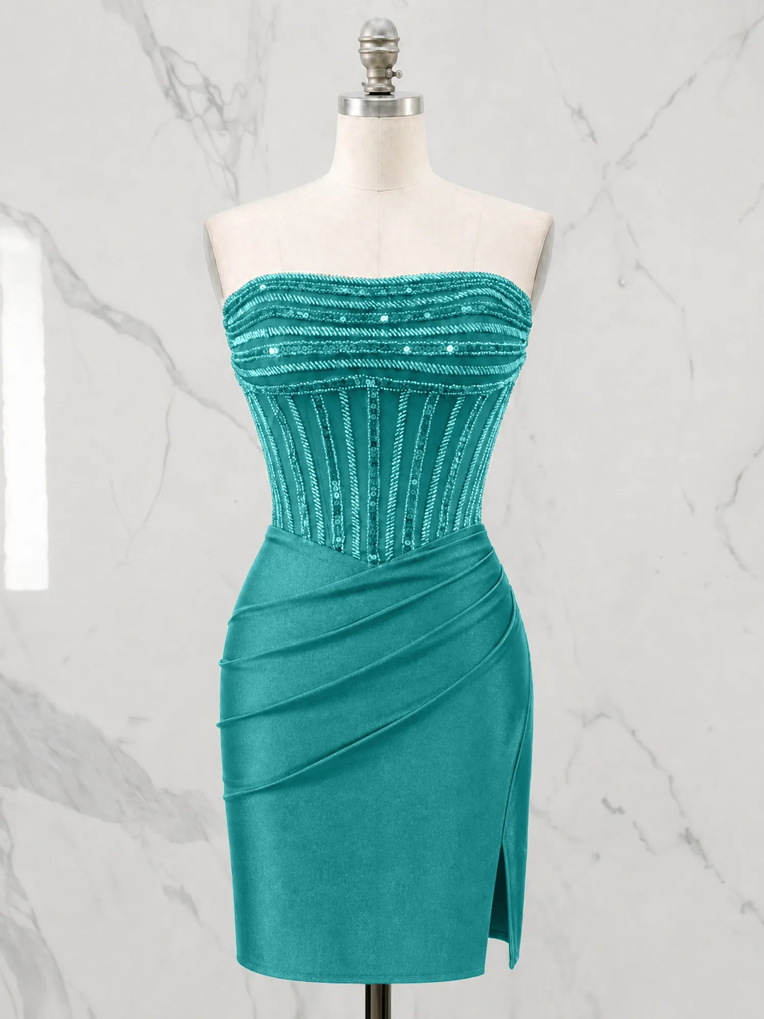 Strapless Beaded Corset Homecoming Dress with Ruched Skirt