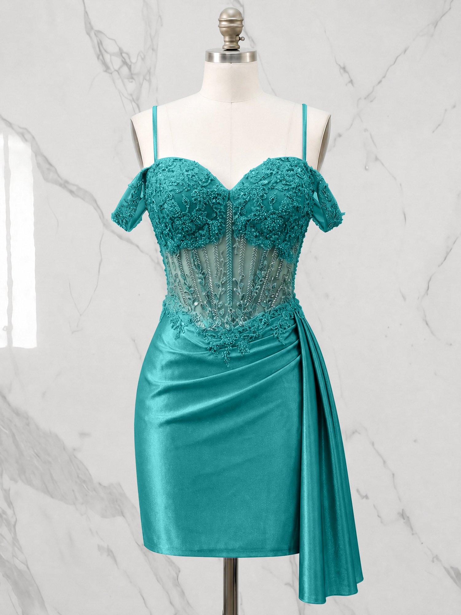 Off-the-Shoulder Lace Corset Homecoming Dress with Side Drape