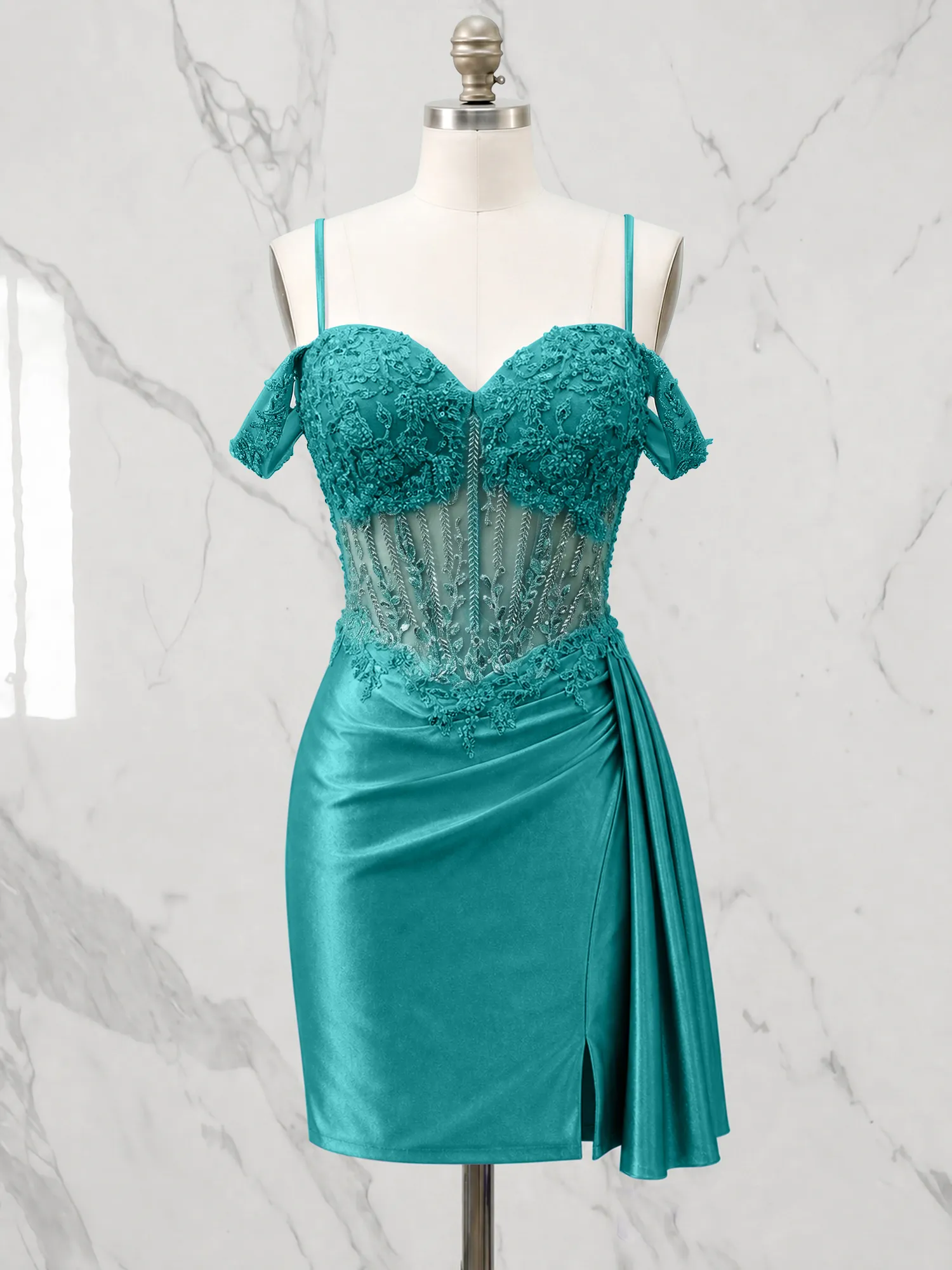 Off-the-Shoulder Lace Corset Homecoming Dress with Draped Skirt
