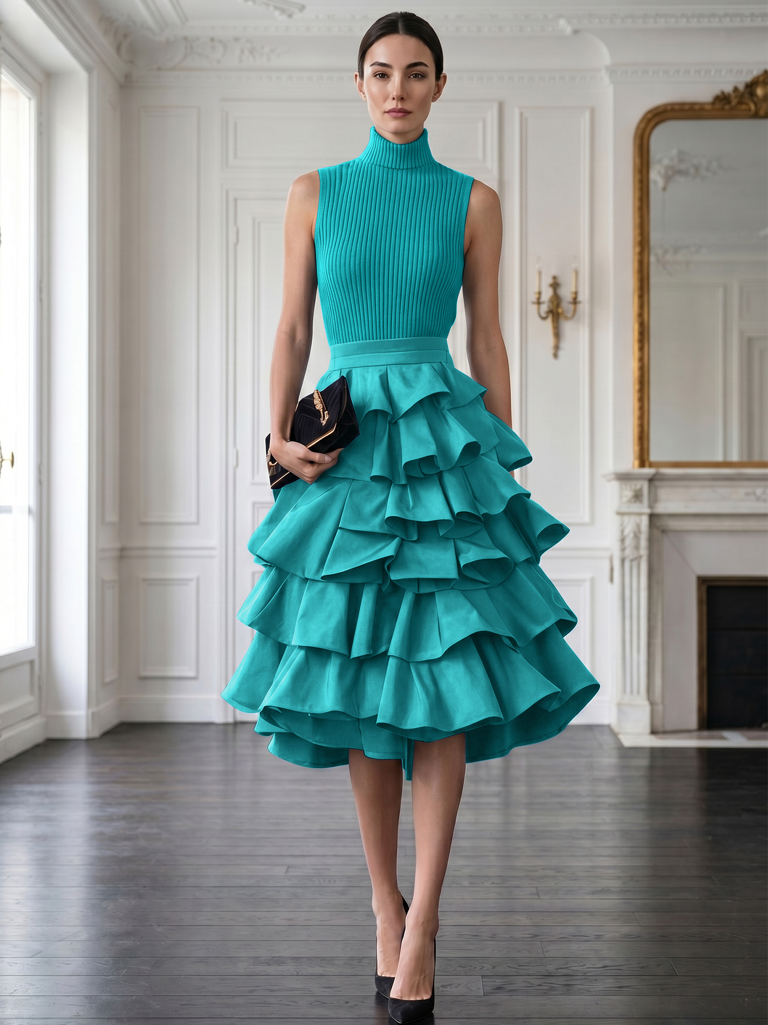 Avant-Garde Black High-Neck Tiered Ruffled Evening Gown