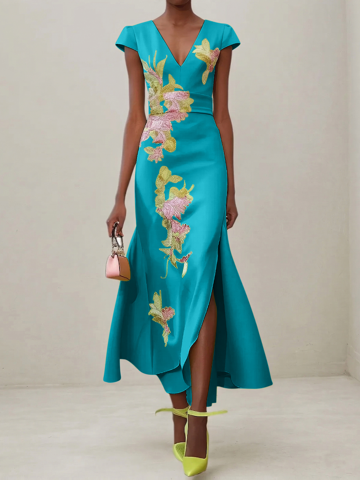 Elegant V-Neck Cap Sleeve Satin Midi Gown with Floral Embroidery & High Slit