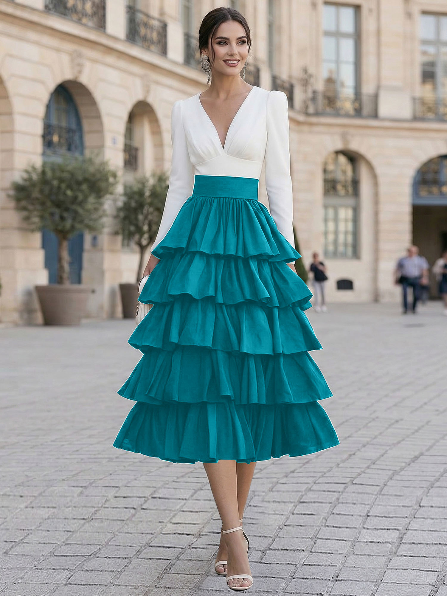 Elegant V-Neck Long Sleeve Tiered Ruffle Midi Dress with Contrast Waistband