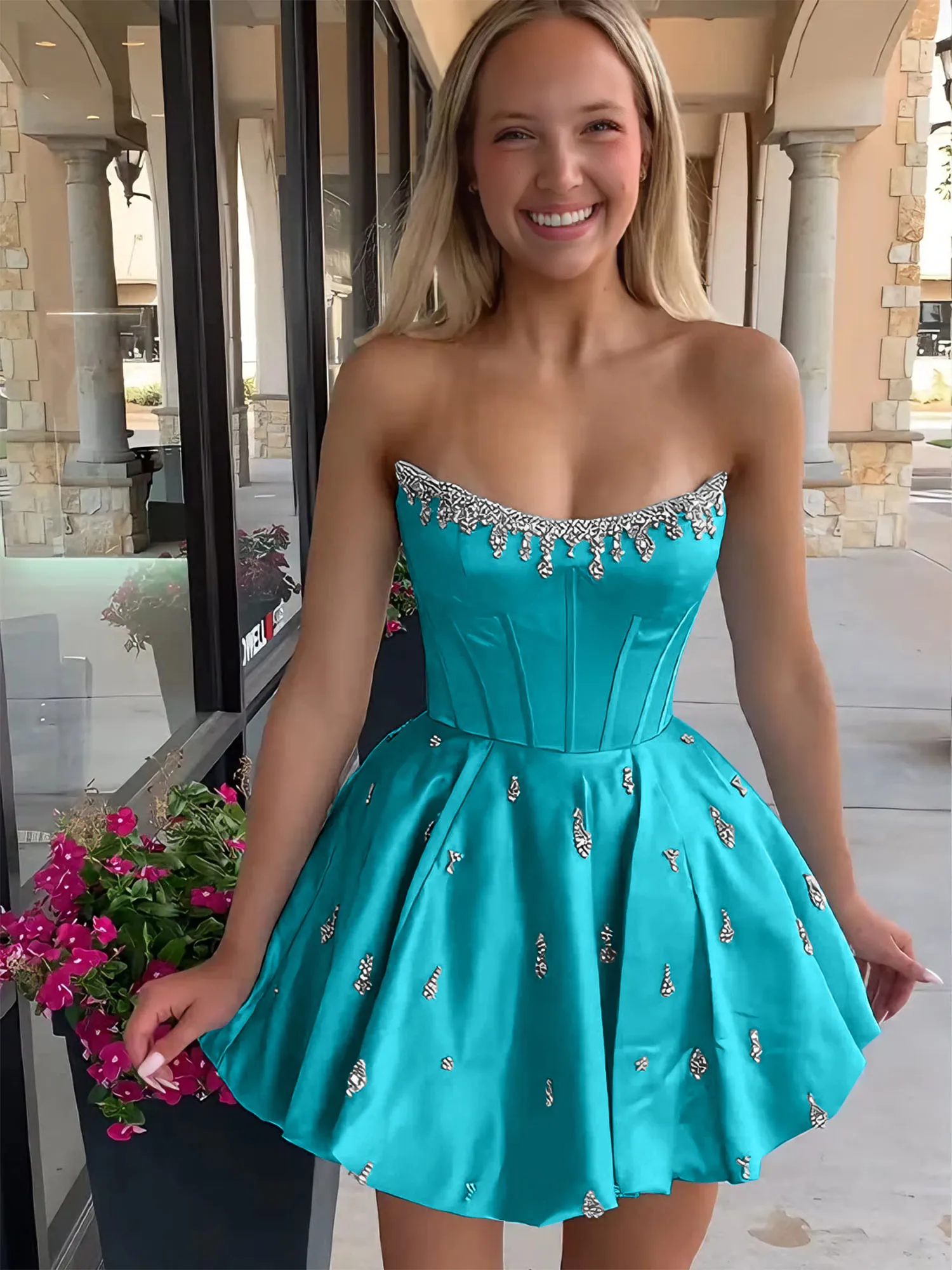 Strapless Beaded Corset Lace-Up Back Satin Homecoming Dress