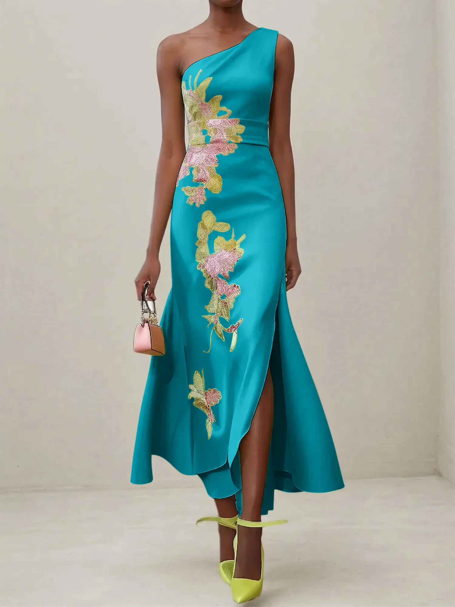 Elegant One Shoulder Cap Sleeve Satin Midi Gown with Floral Embroidery & High Slit