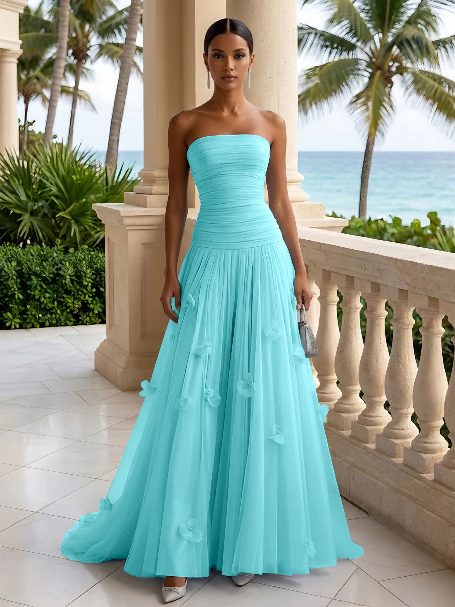 Light Blue Evening Dress with 3D Flower Strapless Pleat Maxi Dress