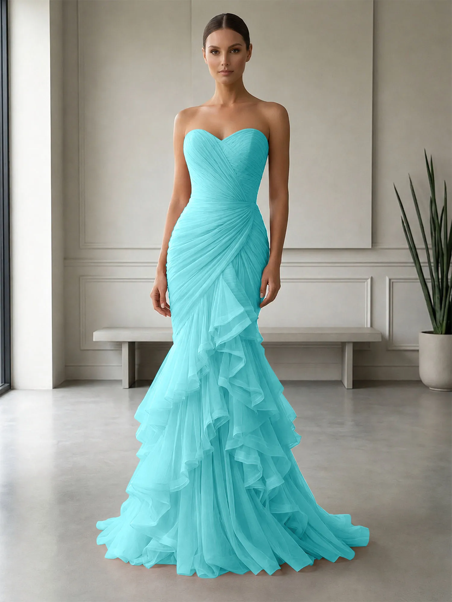 Strapless Ruched Tulle Mermaid Evening Gown Maxi Dress
