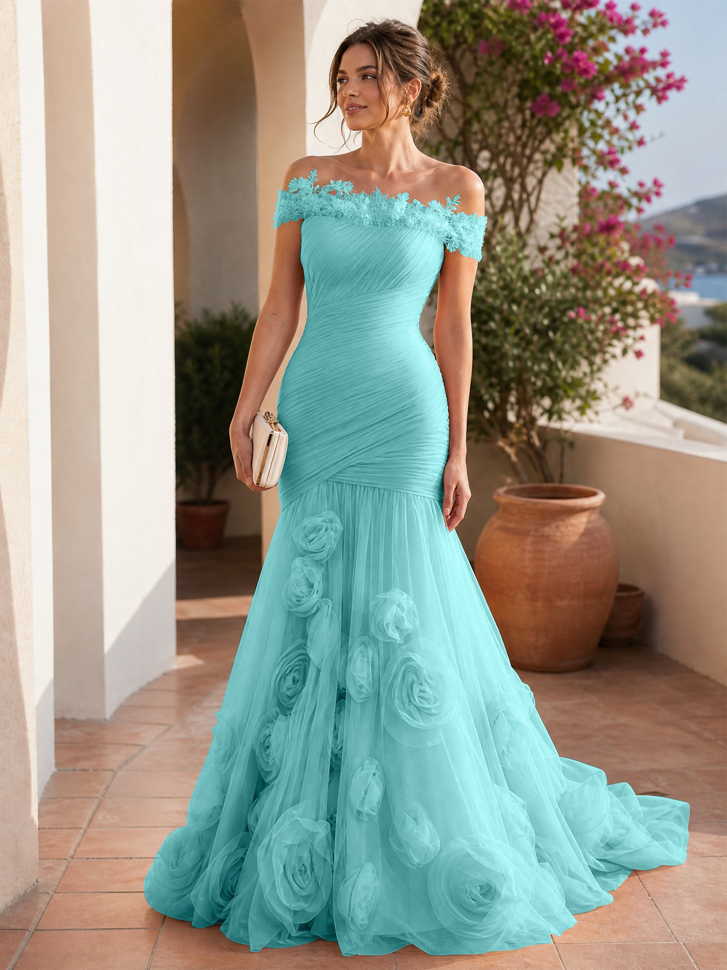 Romantic Blushing Rose Off-the-Shoulder Mermaid Formal Evening Dress 