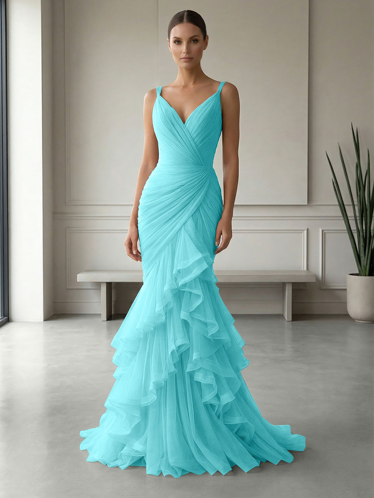 Mauve Folds Tulle Strapless Sleeveless Mermaid Gown Dress