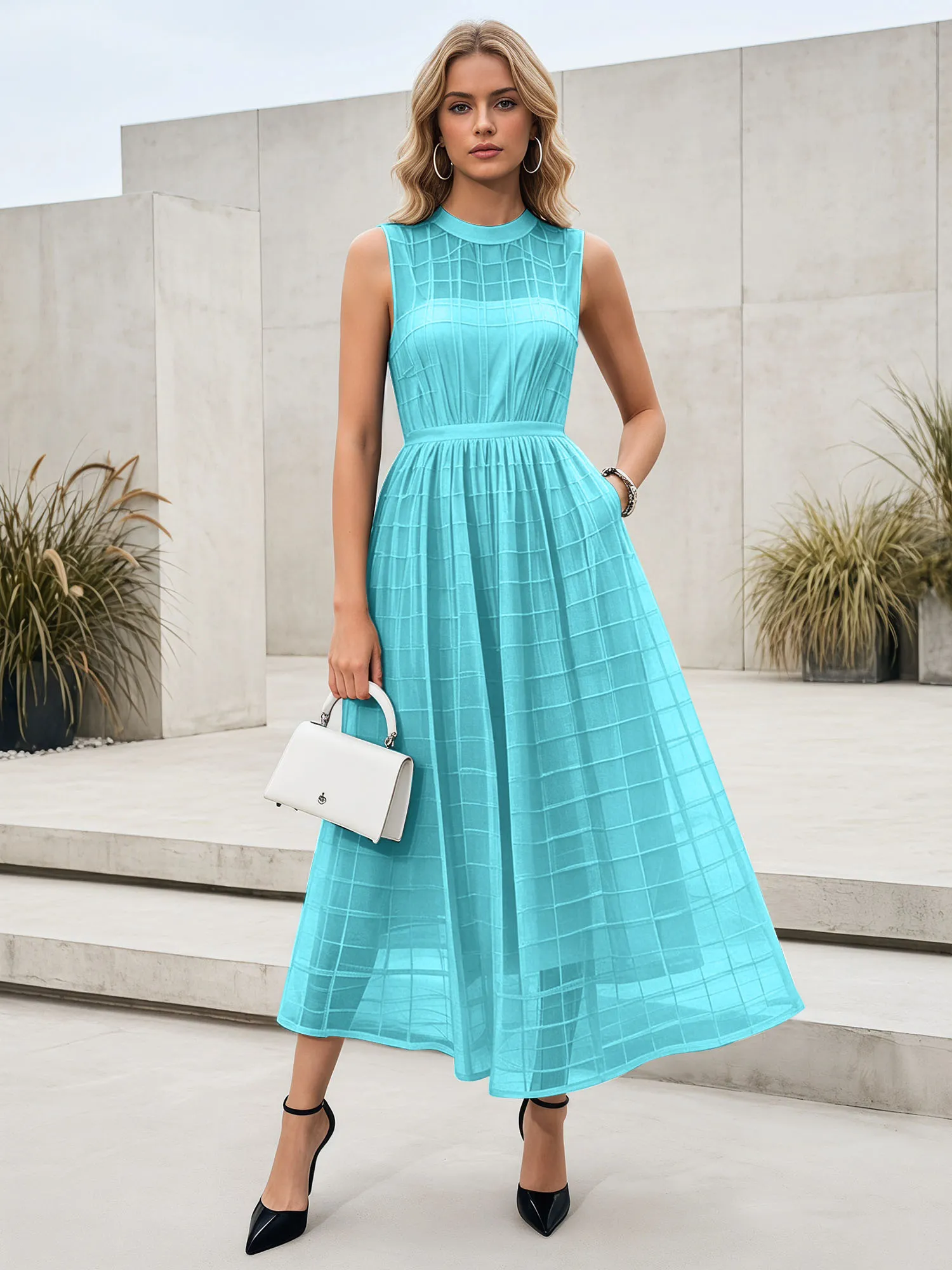 Sleeveless Grid Mesh A-Line Midi Evening Dress