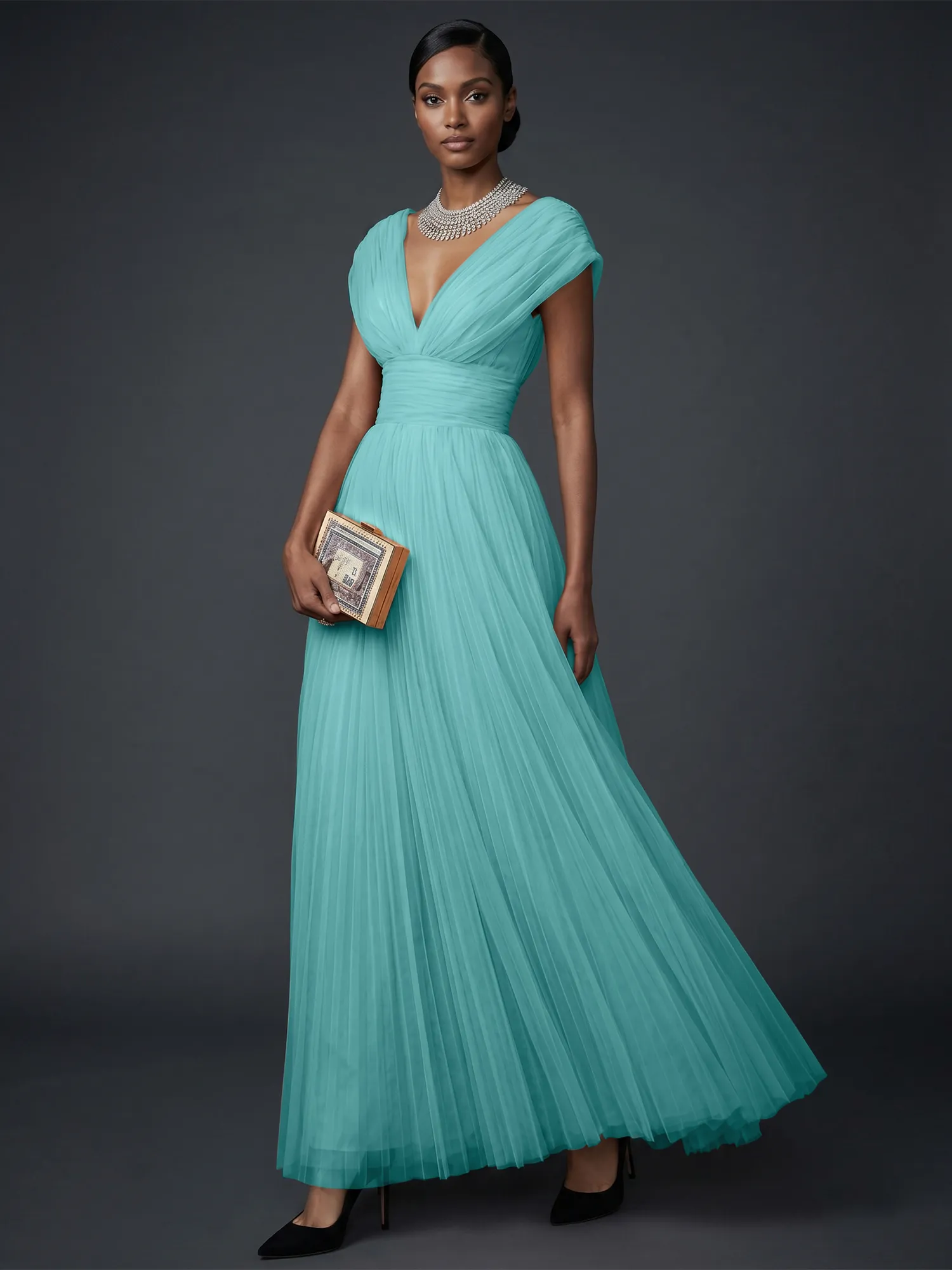 Draped V-Neck Pleated Tulle Evening Gown Maxi Dress