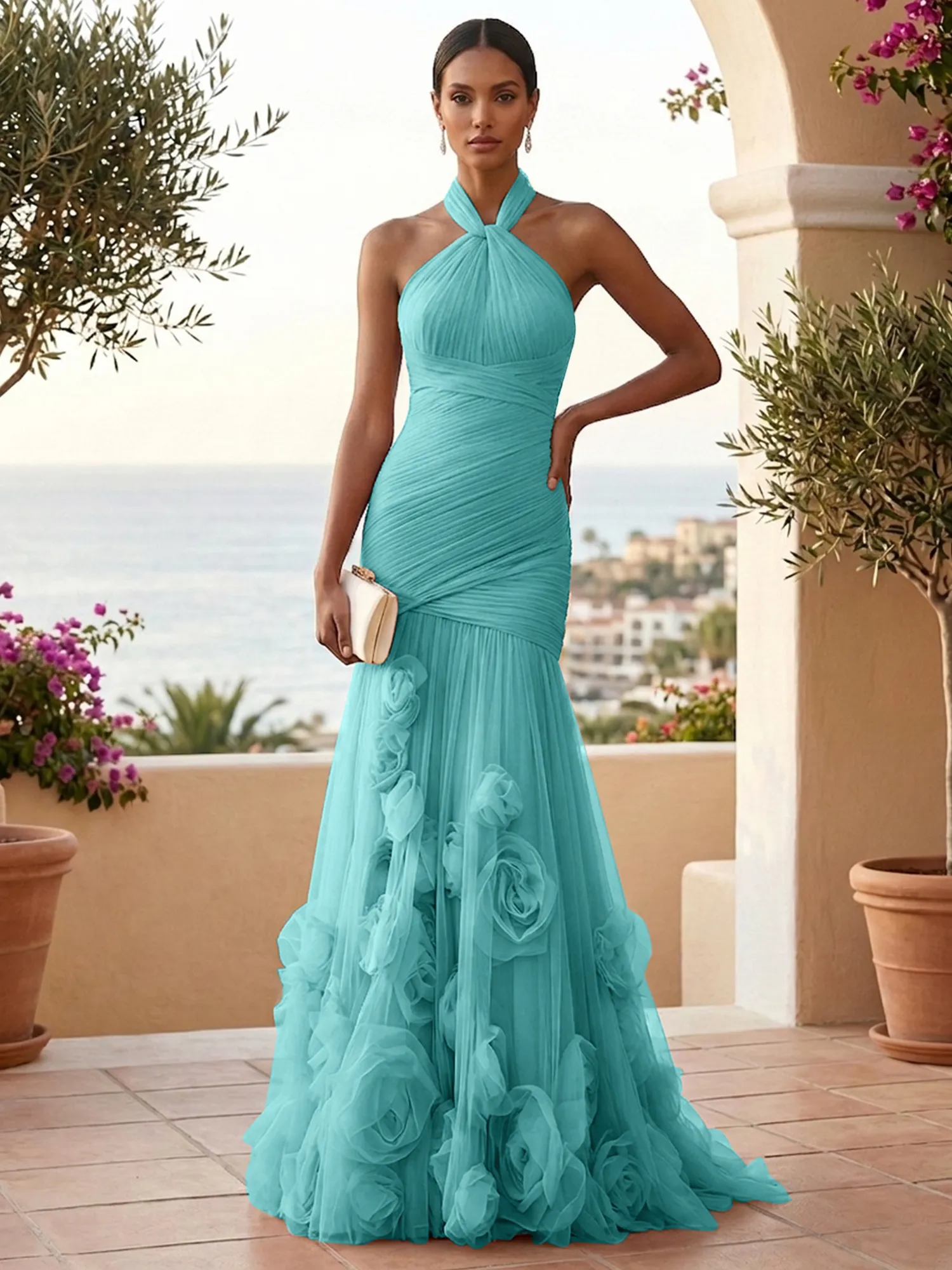 Halter Neck Ruched Tulle Mermaid Gown with 3D Floral Appliqués